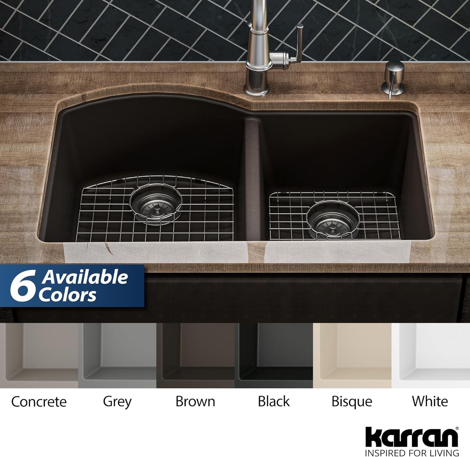 Karran QU-610 Undermount Quartz Composite 32 in. 60/40 Double Bowl Kitchen Sink Kit in Brown