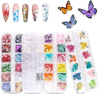 48 Colors Dried Flowers Nail Art Butterfly Glitter Flake 3D Holographic, Tufusiur Dry Flower Nails Sequins Acrylic Supplies Face Body Gifts for Decoration Accessories & DIY Crafting