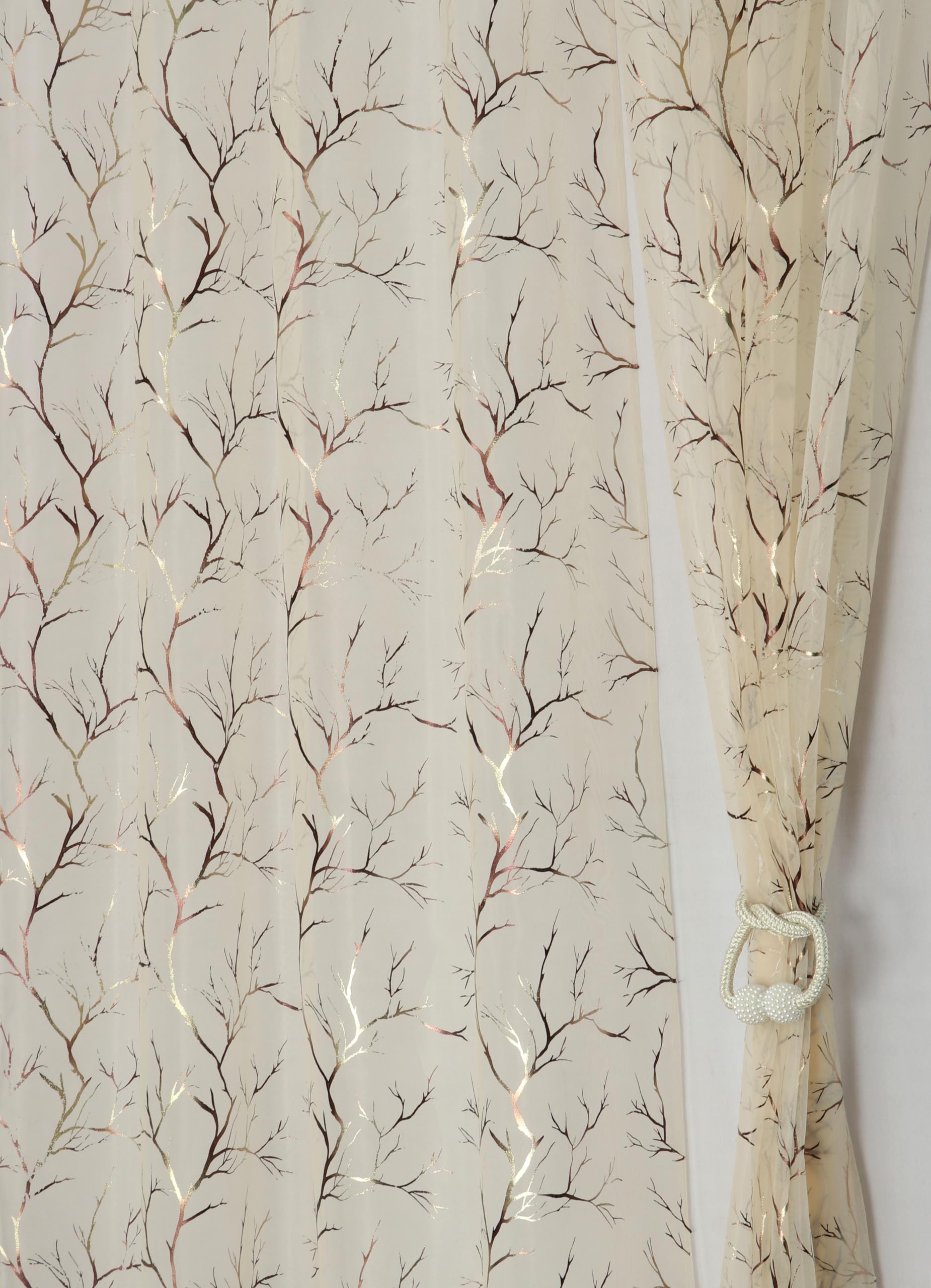 Fabrilia Elegant Sheer Curtain with Foil-Printed Tree Pattern - Lightweight, Decorative Door Curtain, Set of 2 | 7 feet | Cream-image-25