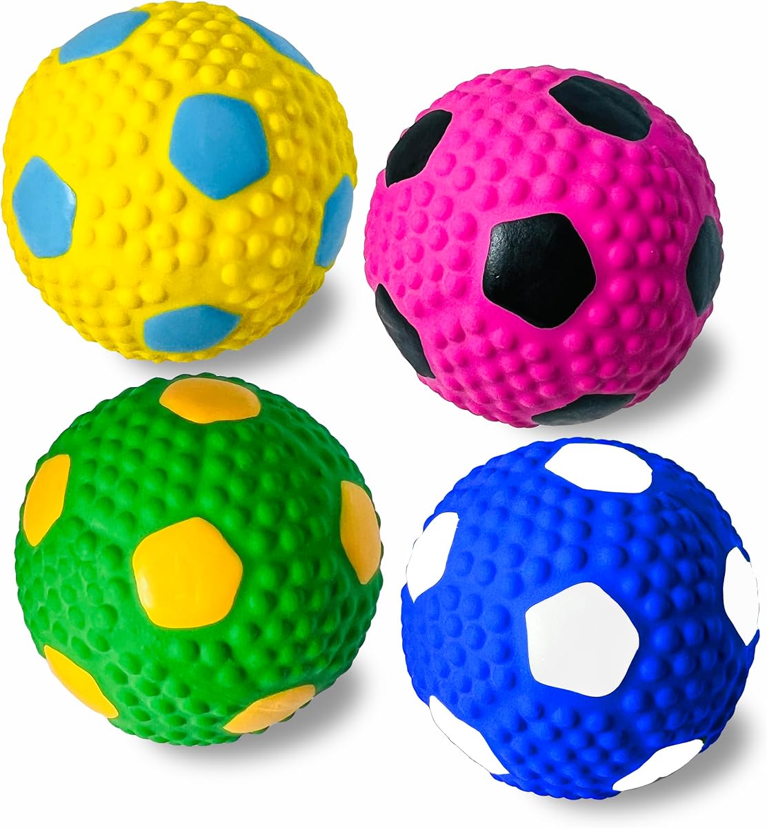 Juguetes chirriantes para perros medianos, pelotas de fútbol redondas de látex de 2.6 pulgadas | 2.6 x 2.6 x 2.4 pulgadas, 4 unidades, juguetes suaves y rebotantes para razas medianas y grandes como beagle, samoyedo, husky, labrador