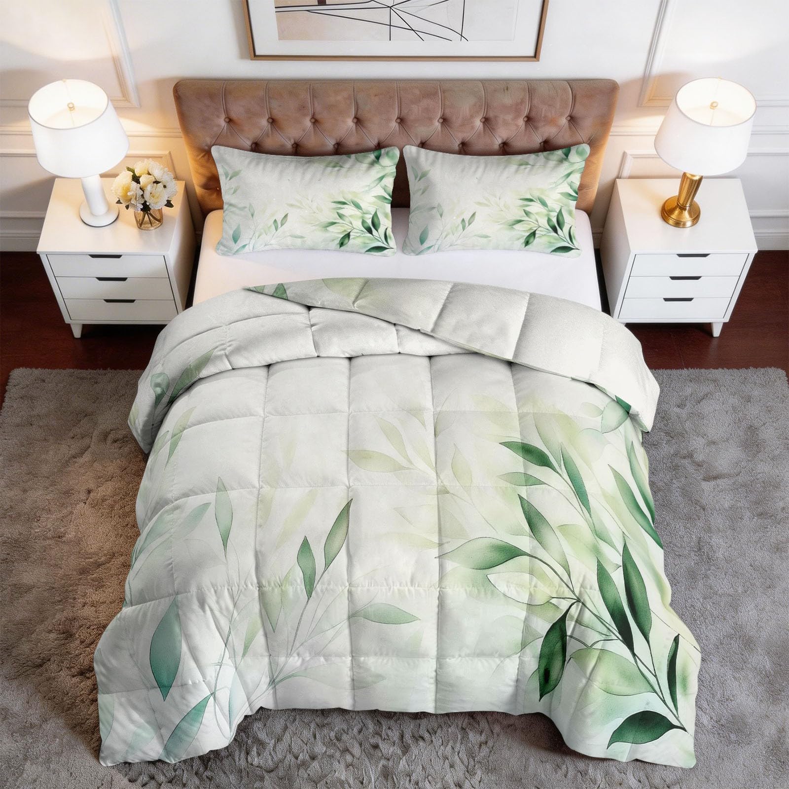 Couette 240x220 motifs botaniques réversible avec taies d'oreiller 65x65