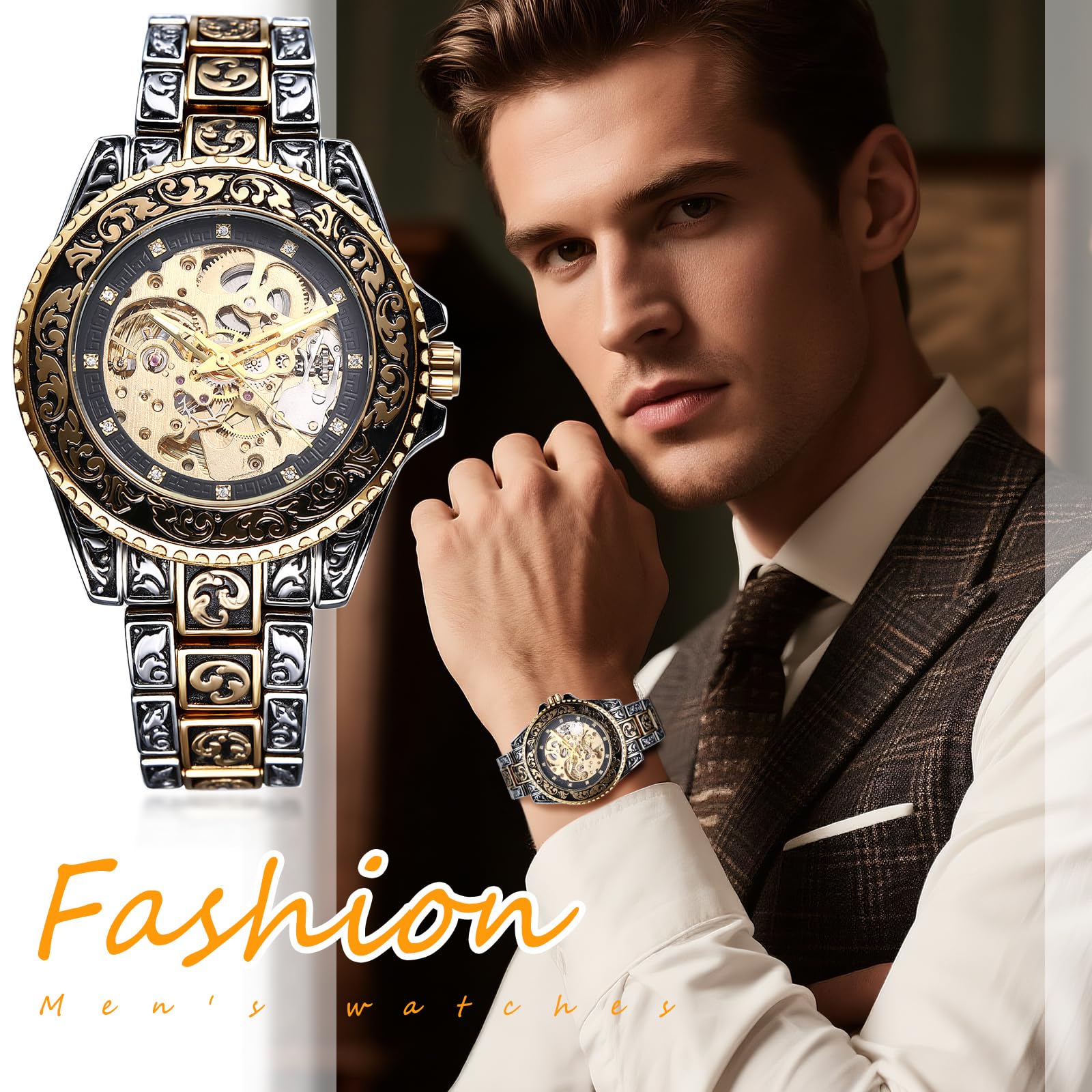 OIDEA Montre Homme Bracelet Cuir:Montre Mécanique Automatique Réglable Poignet de Force Adjustable Rond Squelette Élégant avec Échelle de Diamant - Cadeau Anniversaire Fete des Pères
