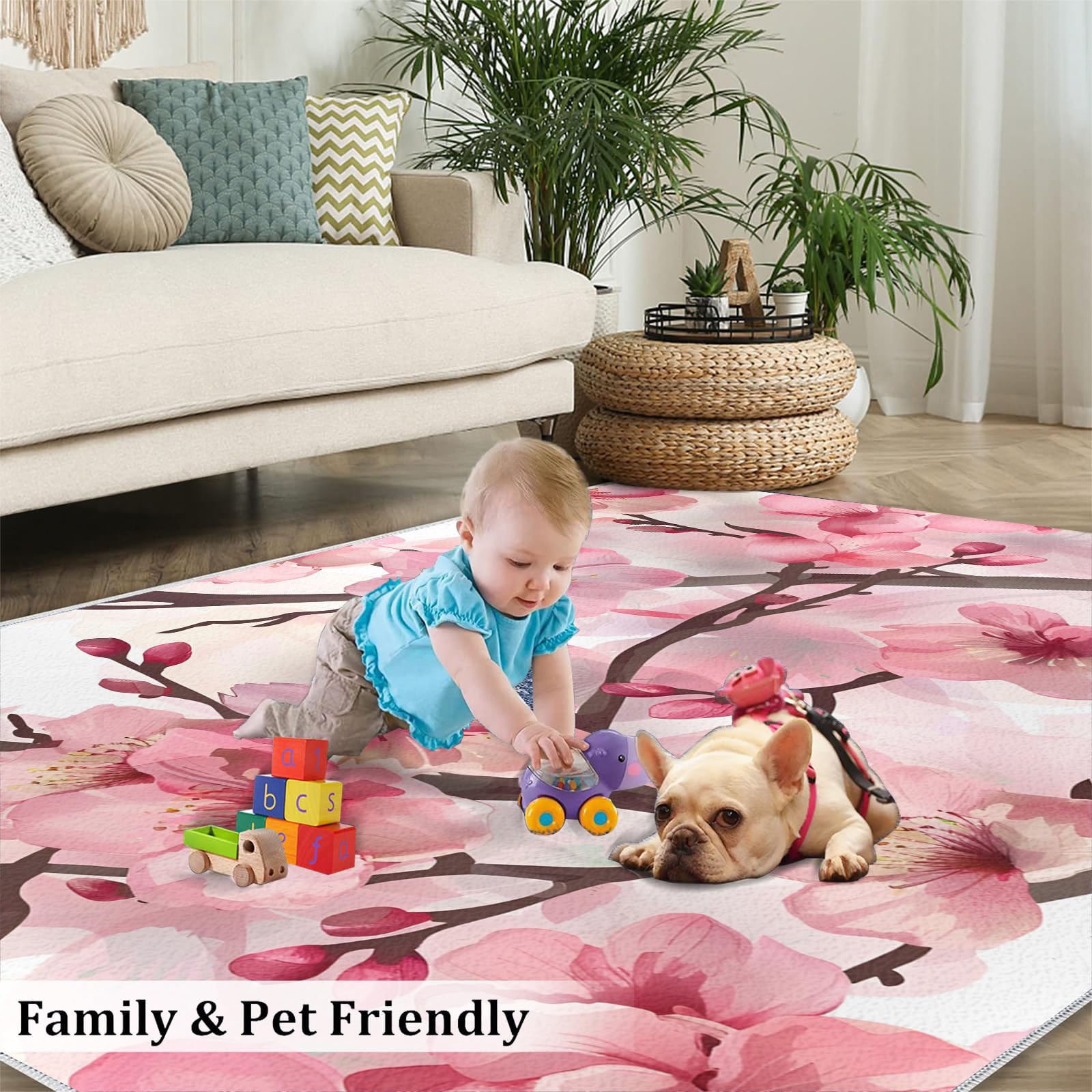 Tapis à fleurs de cerisier pour chambre de fille - 180 x 200 cm - Antidérapant et lavable - Motif japonais - Tapis doux à poils courts - Rose - Motif floral botanique