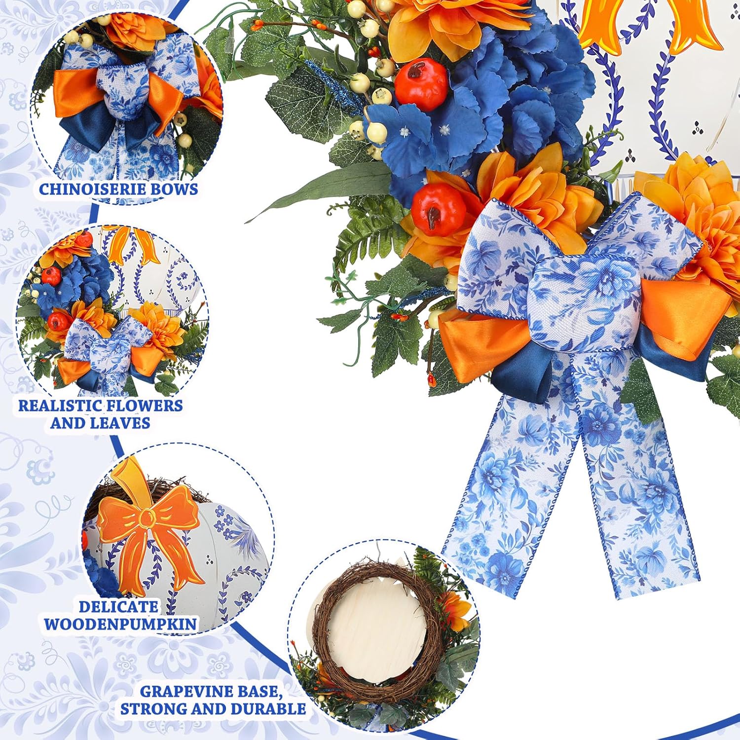 Fall Chinoiserie Pumpkin Wreath Autumn Blue and White Hanging Door Decorations Floral Berries Wreath with Bow Chinoiserie Pumpkin Wooden Board for Thanksgiving Farmhouse Home Outdoor