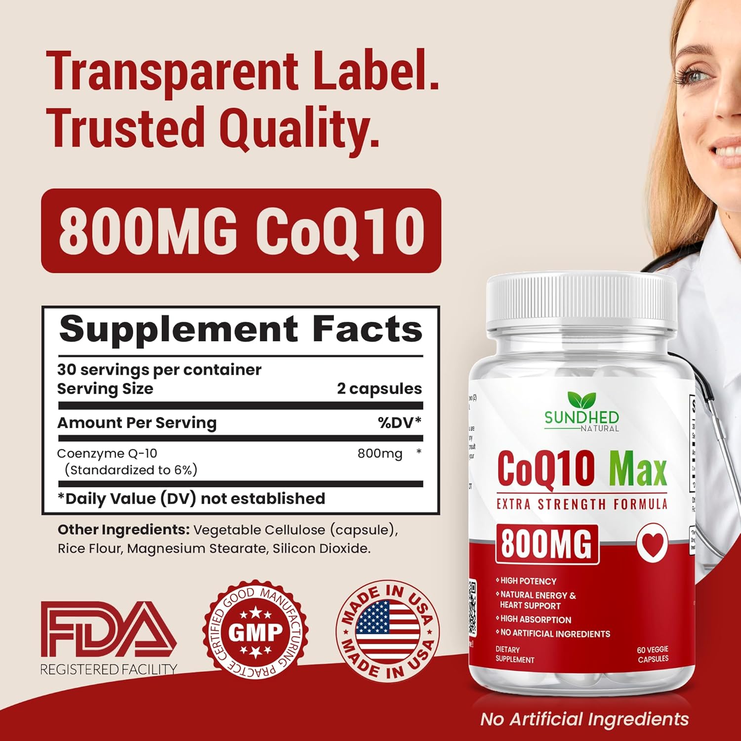 CoQ10 Powerful Antioxidant Supplement - Extra Strong Formula 800mg, 60 Capsules, 1-Month Supply with Coenzyme Q10 Vitamins and Supplements