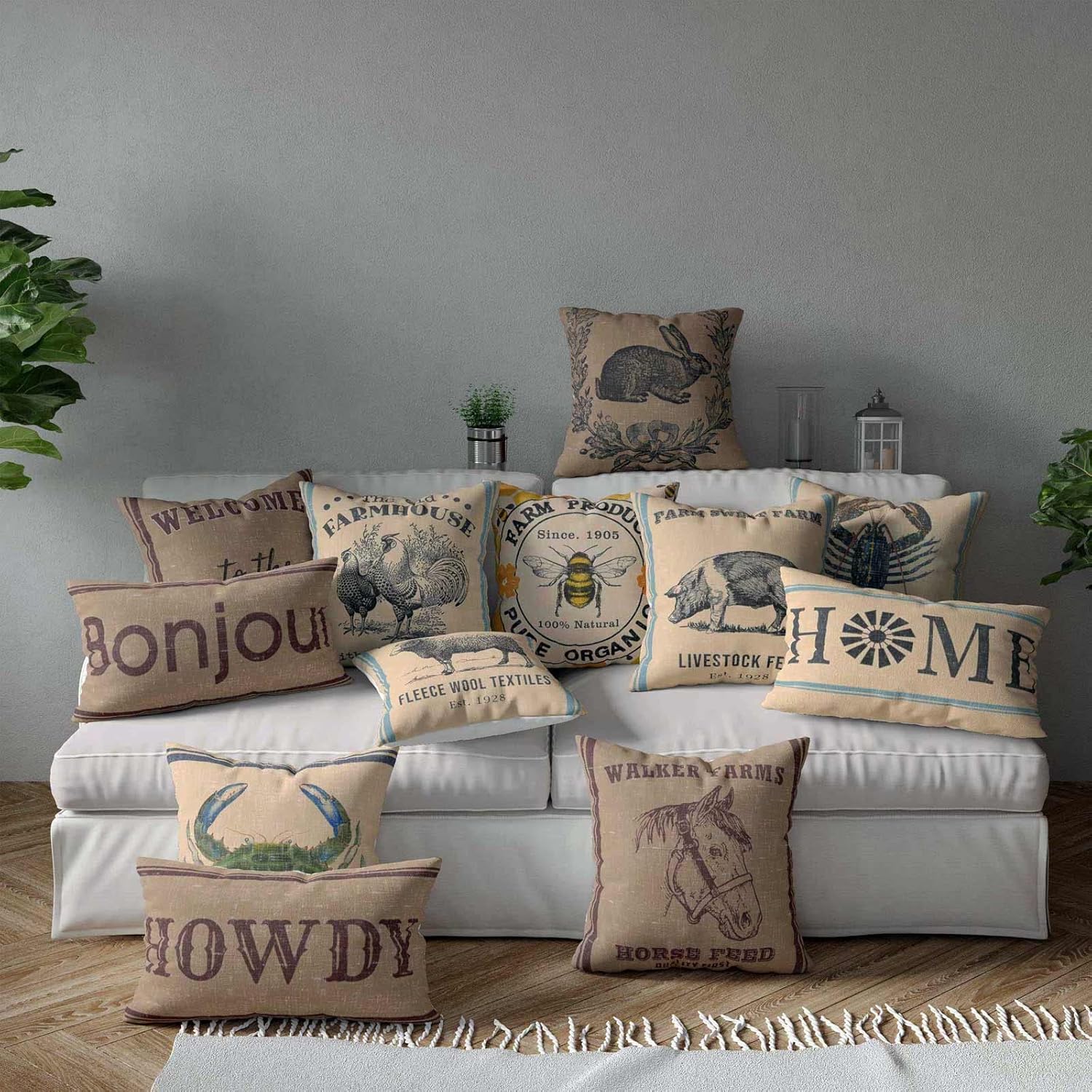 Decorative Farmhouse Pillow Cover 18 Inches x 18 Inches, Rustic Style Throw Pillow Cover with Welcome to Our Ranch, Cover only (Pack of 2)
