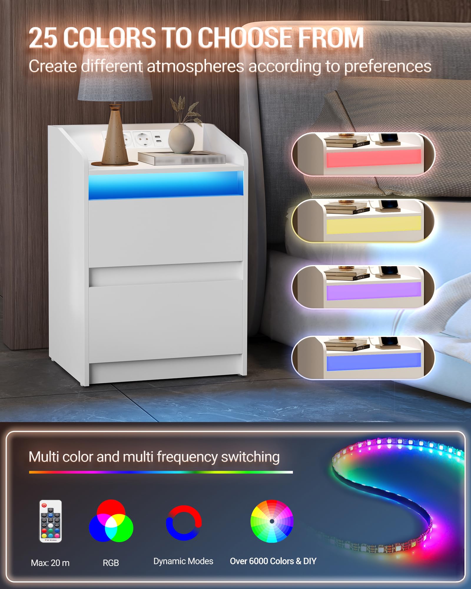 Hzuaneri Mesitas de Noche Juego de 2 con Luces LED, Estación de Carga y 2 Cajones, Mesa Auxiliar con Puertos USB y Enchufes de Energía, Ideal para Sala de Estar y Dormitorio, Blanco NS30103X