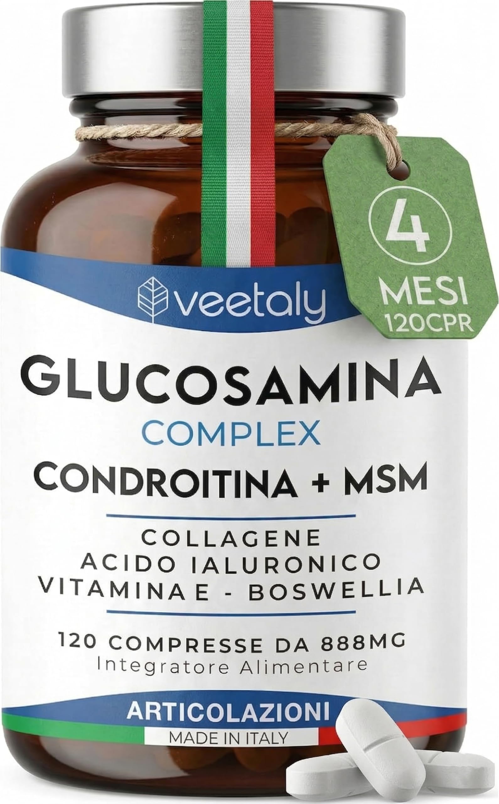 Glucosamina Condroitina MSM 888mg - Integratore Articolazioni e Cartilagine Ginocchio con Collagene, Acido Ialuronico, Vitamina E, Boswellia - 4 Mesi, 120 Compresse da 888 mg