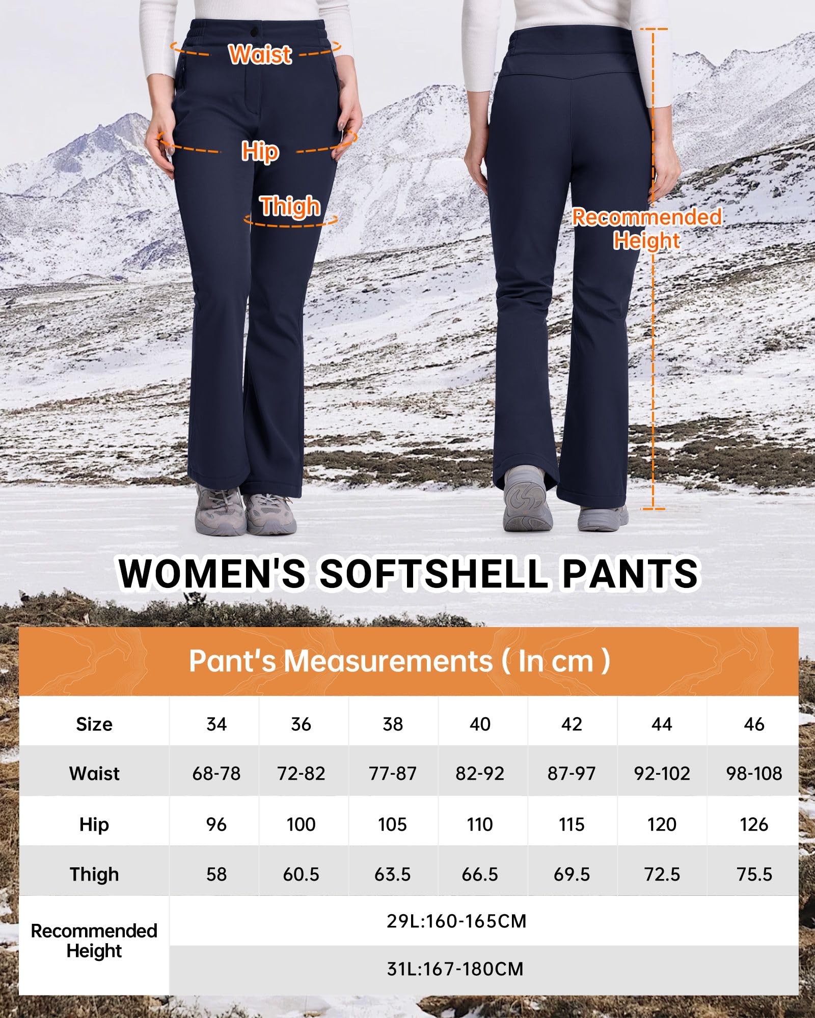 33,000ft Pantalon softshell pour femme - Imperméable - Coupe-vent - Doublure chaude - Pantalon de ski - Pantalon de trekking - Respirant - Pantalon thermique