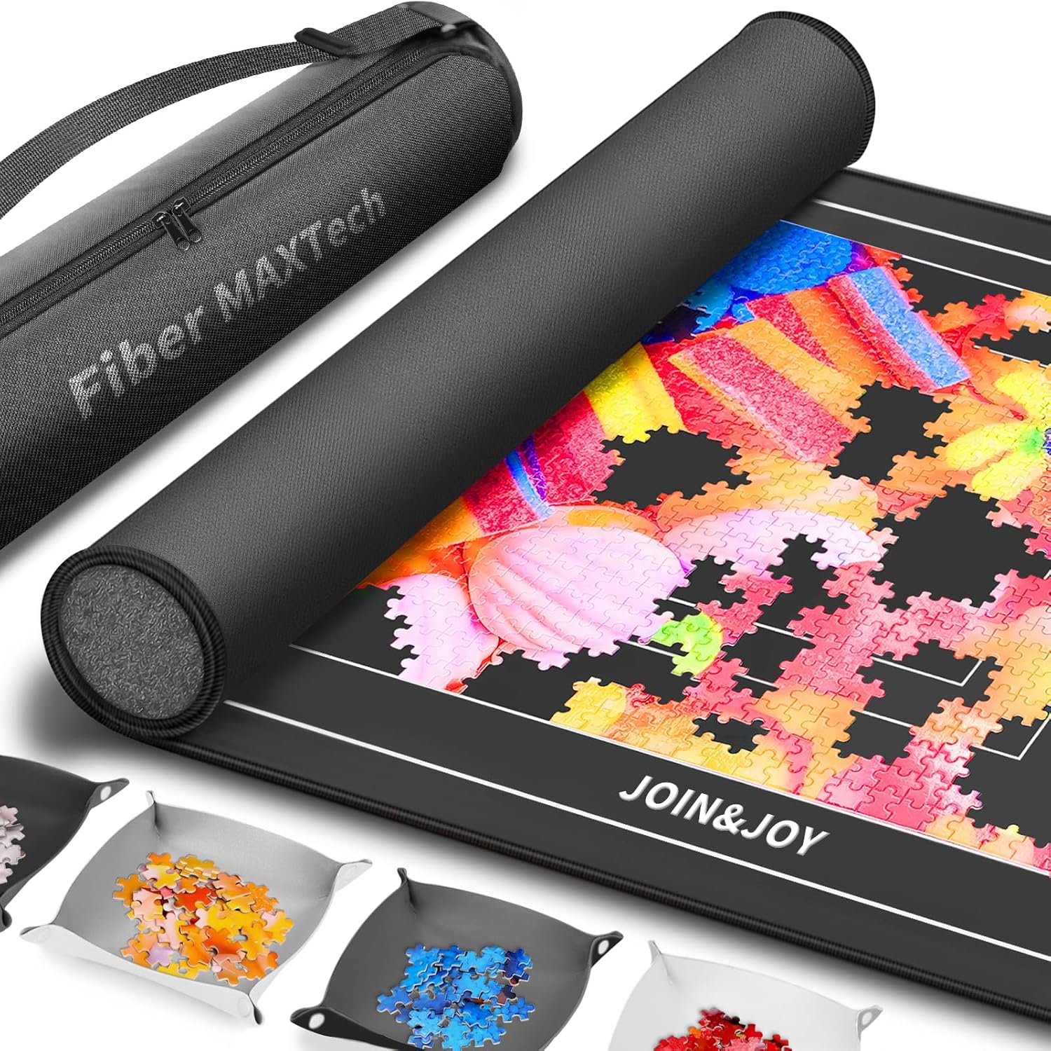 Join&Joy Jigsaw Puzzle Mat Roll Up, Rubber Saver Pad 46" x 26 ", with 4 Sorting Trays & Travel Storage Bag, Portable Rollup Puzzles Keeper, Up to 1500 Pieces 46" x 26" Black