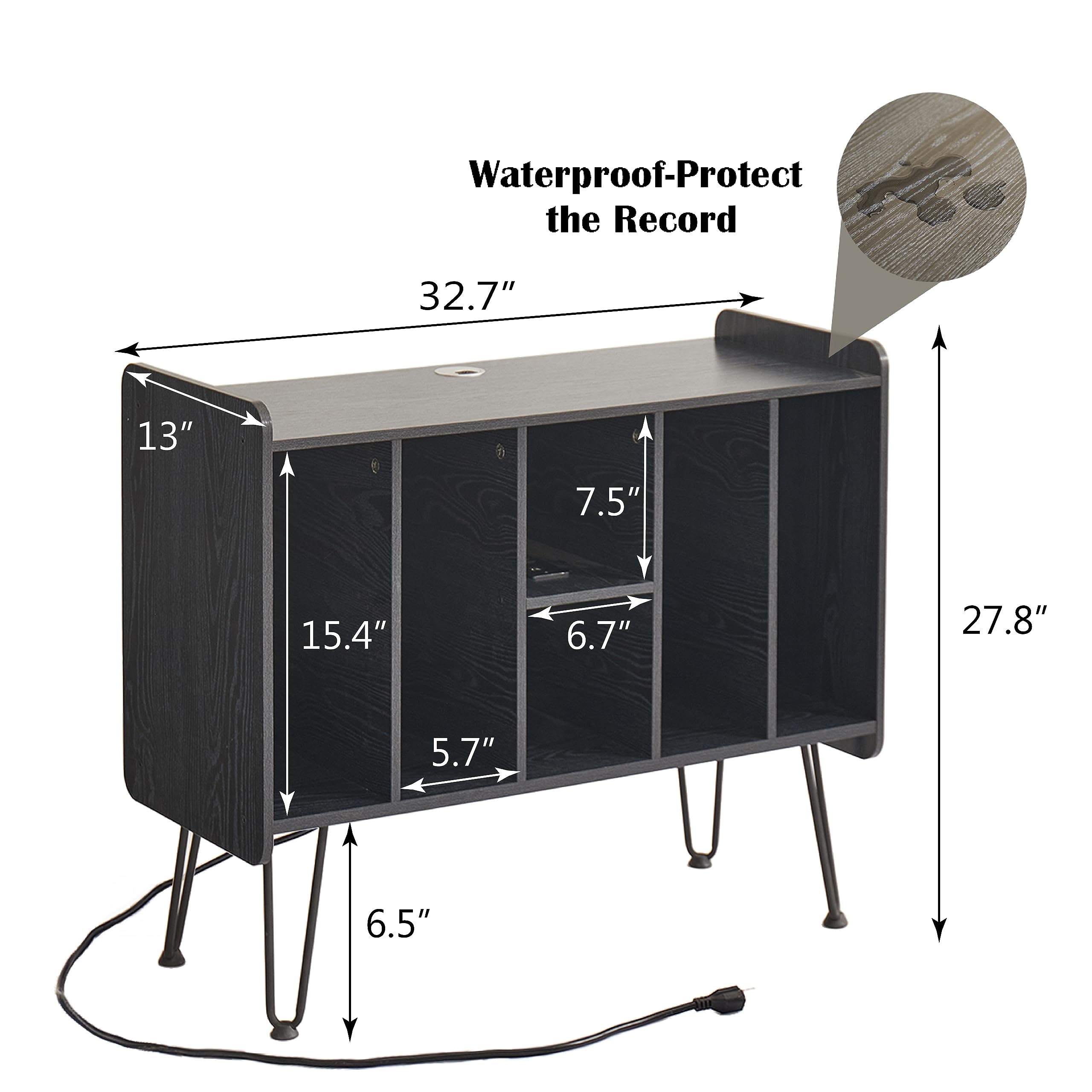 Large Record Player Stand, Alessing Record Player Stand with Vinyl Storage,Mid-Century Record Player Table with 6 Cabinet Holds Up to 200 Albums for Living Room Bedroom Office-Black