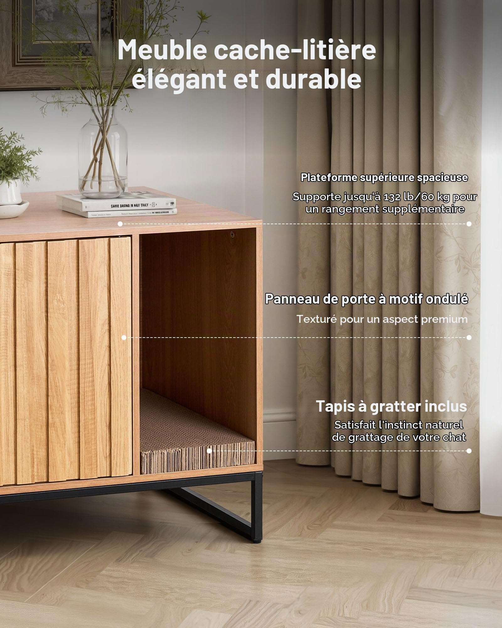 VEVOR Meuble de Rangement pour Bac à Litière Chat Armoire Cache Maison de Toilette de Chat, Niche Cache-litière avec Griffoir, pour la Plupart des Bacs à Litière Chats, pour Salon, 80 x 51 x 56,8 cm