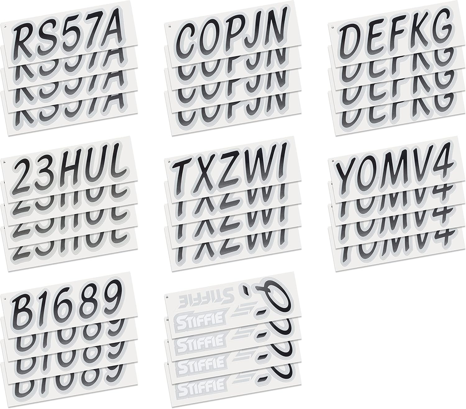 STIFFIE Whipline Black/Silver Super Sticky 3" Alpha Numeric Registration Identification Numbers Stickers Decals for Sea-Doo Spark, Inflatable Boats, Ribs, Hypalon/PVC, PWC and Boats.