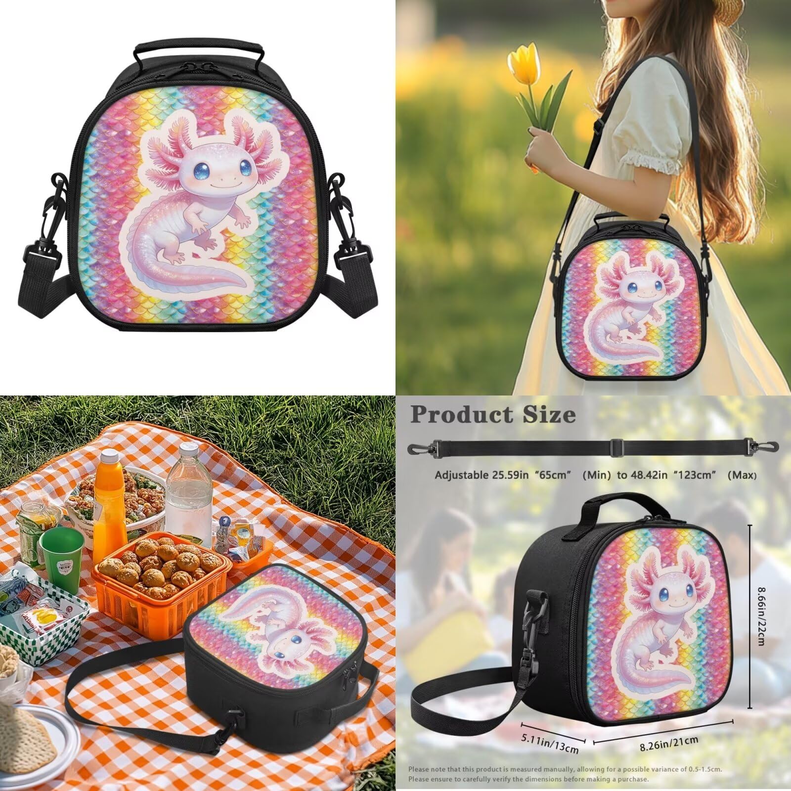 Howilath Grande zaino per la scuola per bambini, set da 4 con borsa termica per il pranzo, portapenne, custodia per bottiglia d'acqua, Mochila Para Niñas, Axolotl - Scala di sirena arcobaleno, L