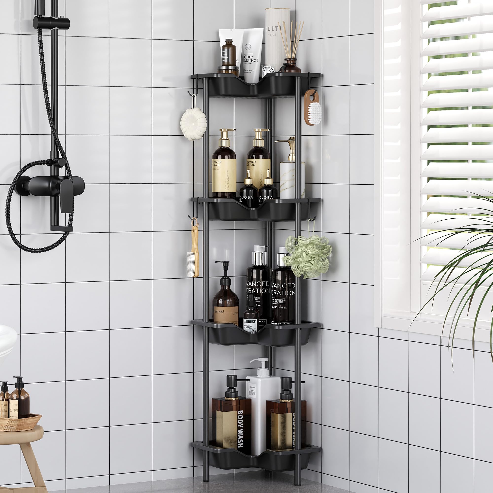 OriwarE Corner Shower Caddy Free Standing, Shower Organizer with 4 Hooks