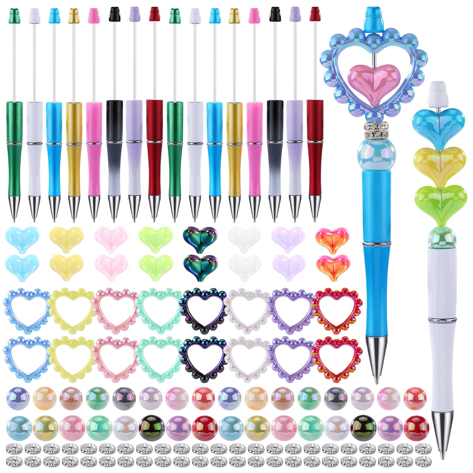 WEWAYSMILE 16 Pcs Beadable Pens Kit Pen Making Kit with Beads Cute Acrylic Hollow Love Heart Beads Beaded Pens Supplies for Schools Office Gift