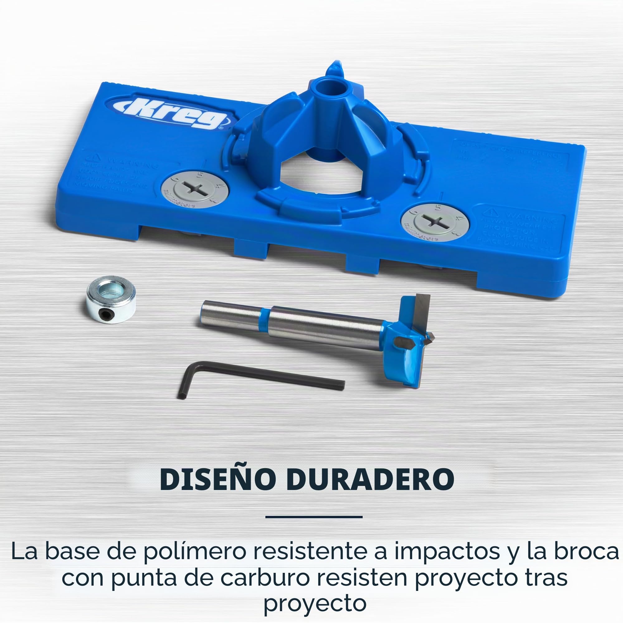 Plantilla para bisagras ocultas Kreg, para bisagras de 35 mm ocultas, Desplazamiento ajustable de la bisagra (3–6 mm), Incluye broca de carburo de tungsteno de 35 mm y tope de profundidad