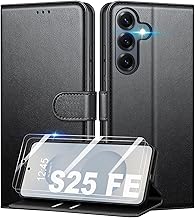 Cover for Samsung Galaxy S25 FE PU Leather Book [with 2 Pieces Tempered Glass Film] Shockproof Wallet Case [RFID Block] [Stand Function] [Card Slot], Black