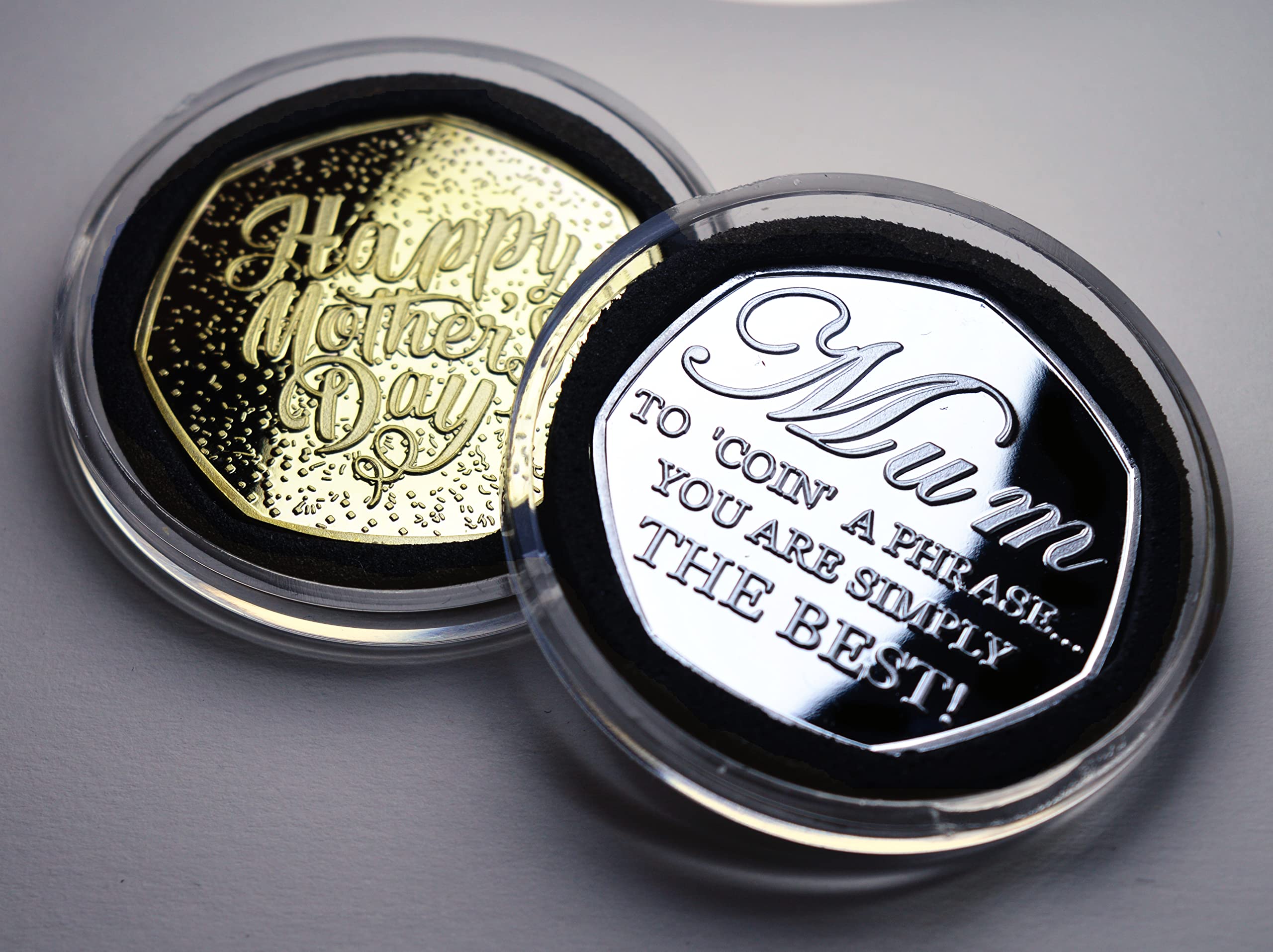 Pair of HAPPY MOTHER'S DAY Silver & 24ct Gold Commemoratives in Capsules. 'Coin a Phrase'. Gift/Present. Best Mum. From Son/Daughter