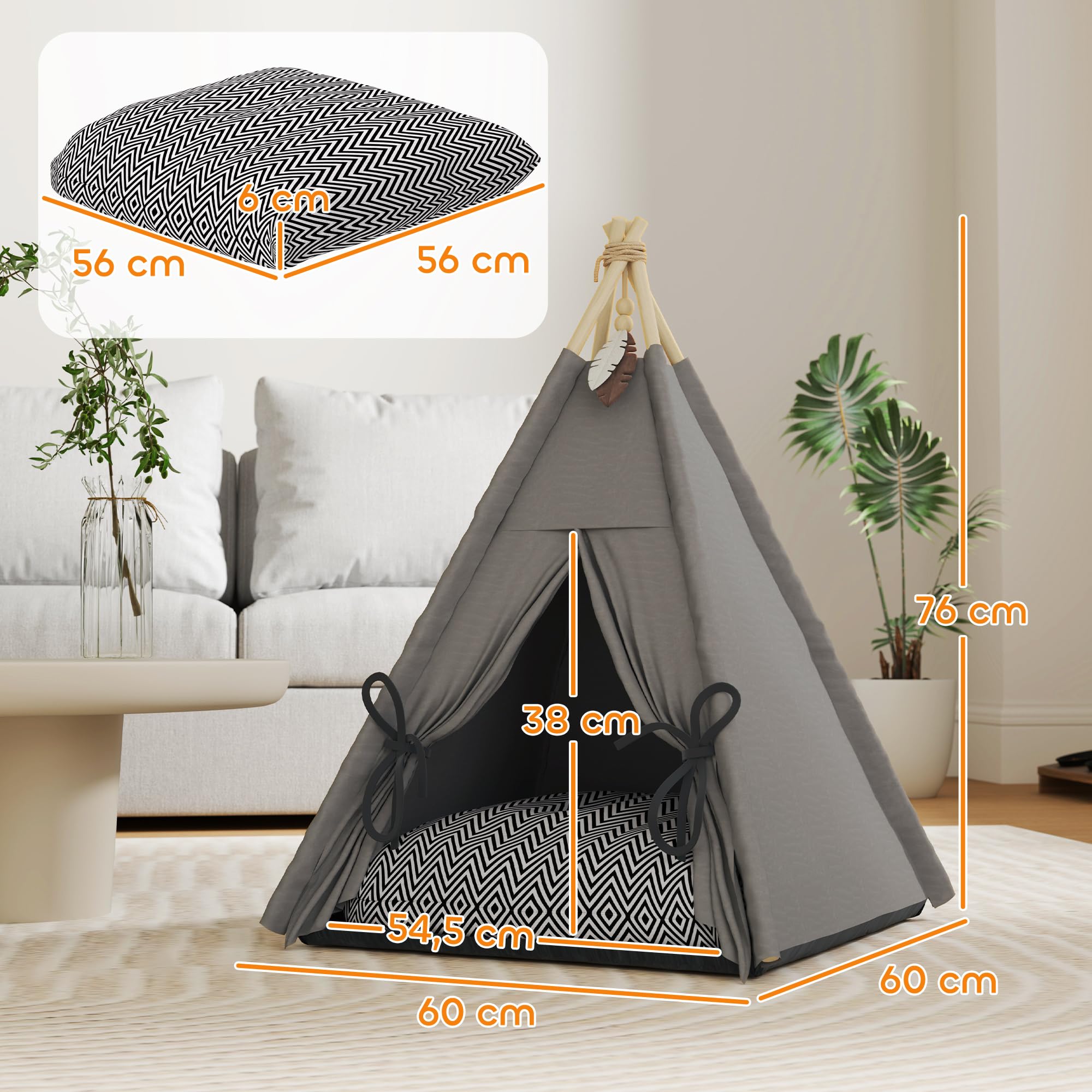 PawHut Tipi Tente pour Chats jusqu'à 5kg 60x60x76cm Gris | Tente chat avec coussin amovible lavable, fond antidérapant, balle, pour mini chiens