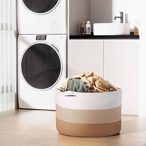 Miniatura 7 de Cesta grande de cuerda de algodón, cesta de almacenamiento de manta de 23.6 x 23.6 x 14.1 pulgadas para almohadas en la sala de estar, cesta tejida