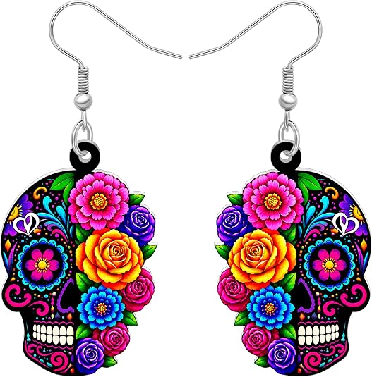 Acrylic Sugar Skull Earrings for Women Halloween Flowers Dangle Earrings Day of the Dead Jewelry Spooky Skull Gifts for Halloween Costumes Party Accessories