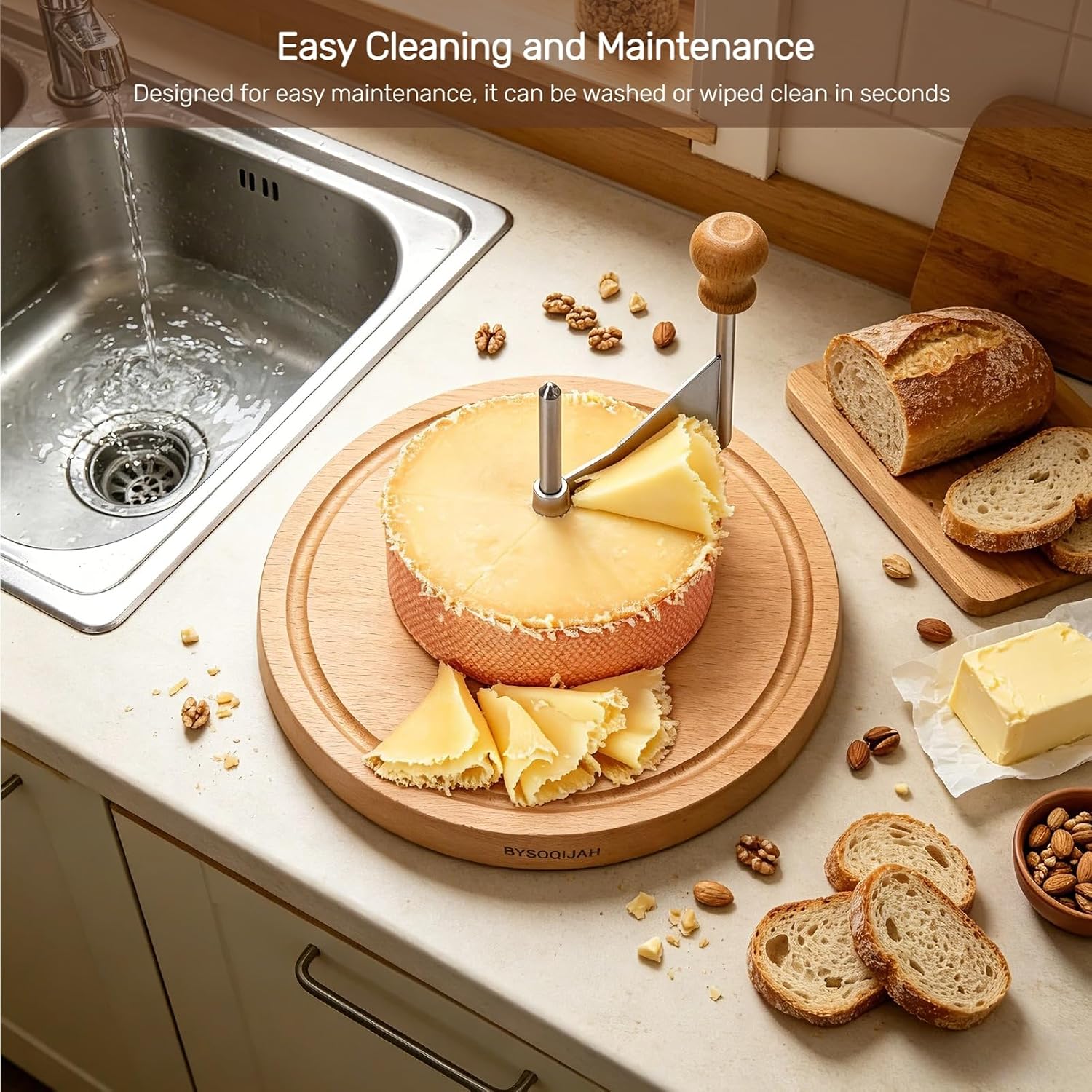 Girolle Cheese Curler, Wooden Base for Tête de Moine, Lidless | Stainless steel blade；Solid beech wood rotating tray；Ideal for cheeese butter rosettes on charcuterie boards & entertaining