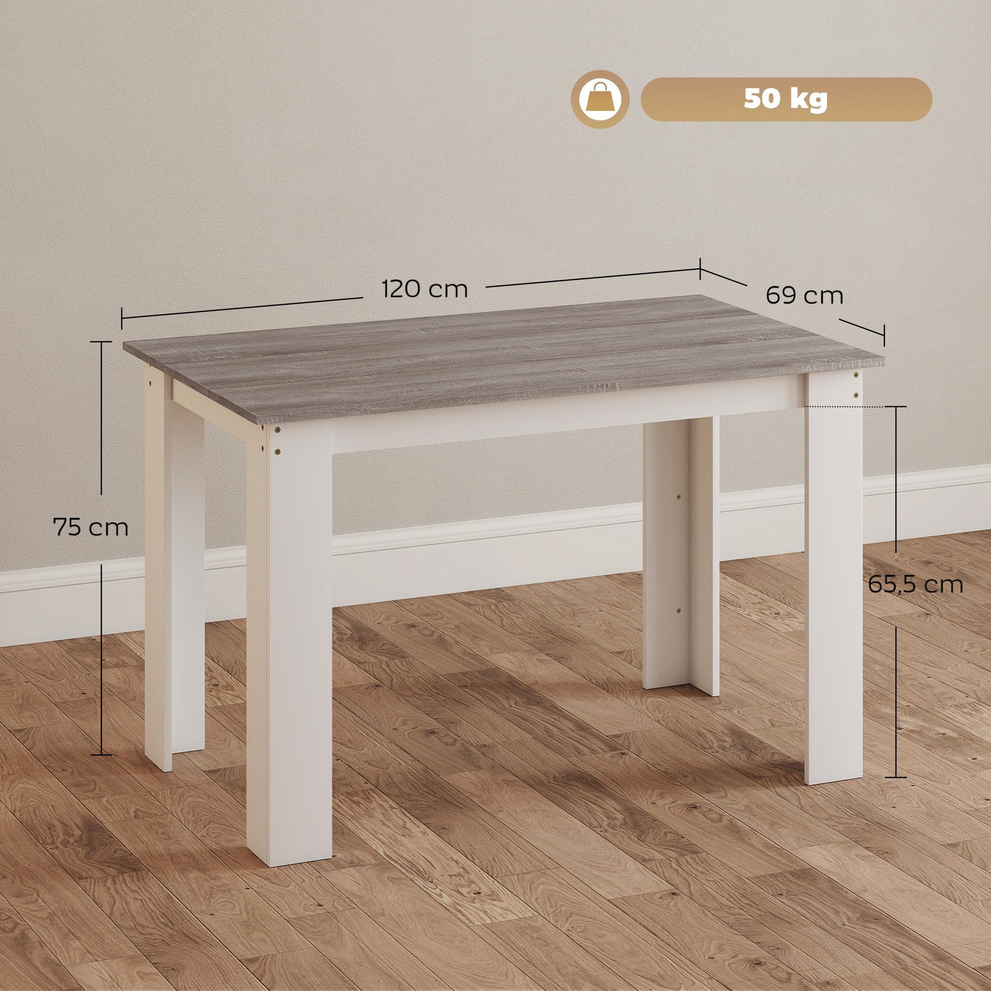 HOMCOM Table à Manger rectangulaire pour 4 à 6 Personnes, Table de Cuisine, 120 x 69 x 75 cm, Style Moderne, Pieds triangulaires Plus Stable, Gris et Blanc