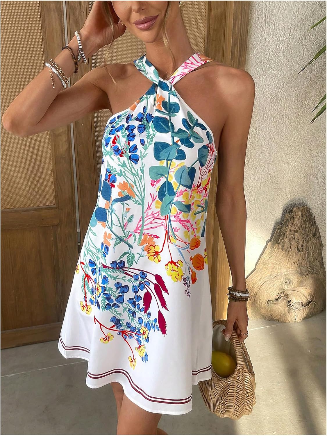 Floerns Women's Boho Floral Print Halter Mini Dress Sleeveless A Line Beach Vacation Tank Dresses - Image 5