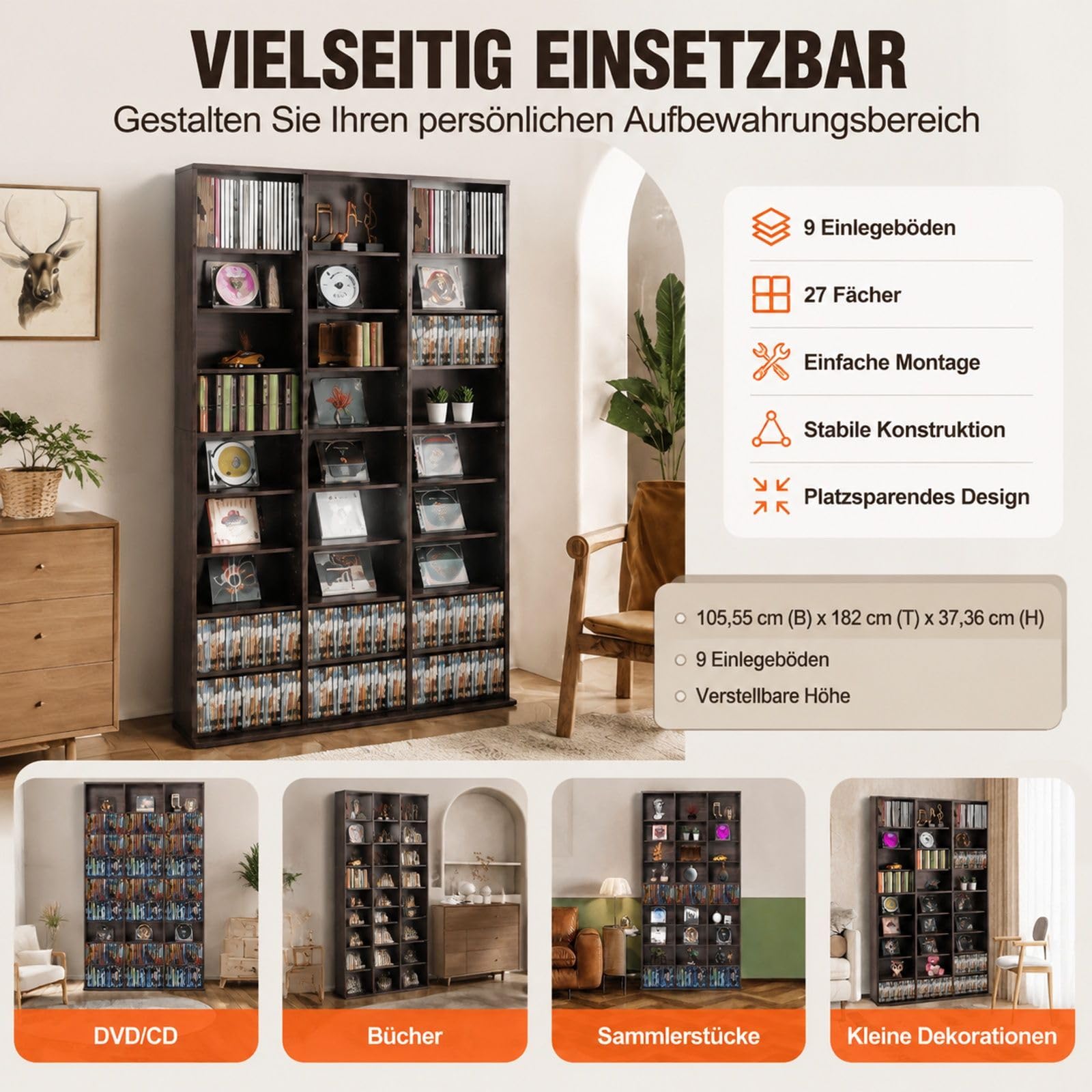 Medien Aufbewahrungsschrank in Espresso mit 27 Fächern und verstellbaren Regalen für DVDs und CDs
