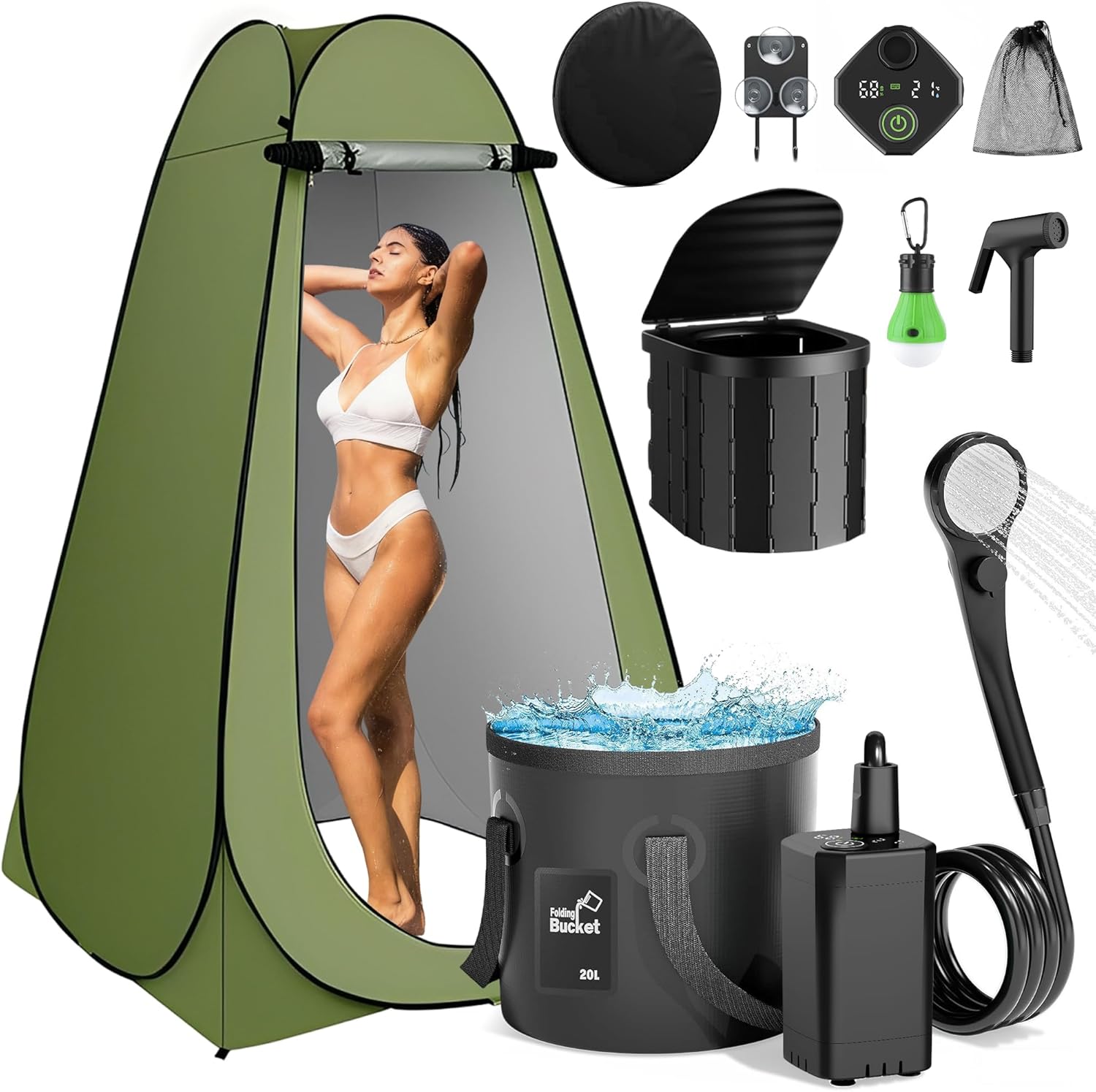 Portable Camping Shower, Pop Up Privacy Tent Kit with LED Light and Foldable Toilet, 6000mAh LCD Screen Shower Pump, 5.3 Gallons Bucket, Outdoor Shower for Hiking, Travel, Car
