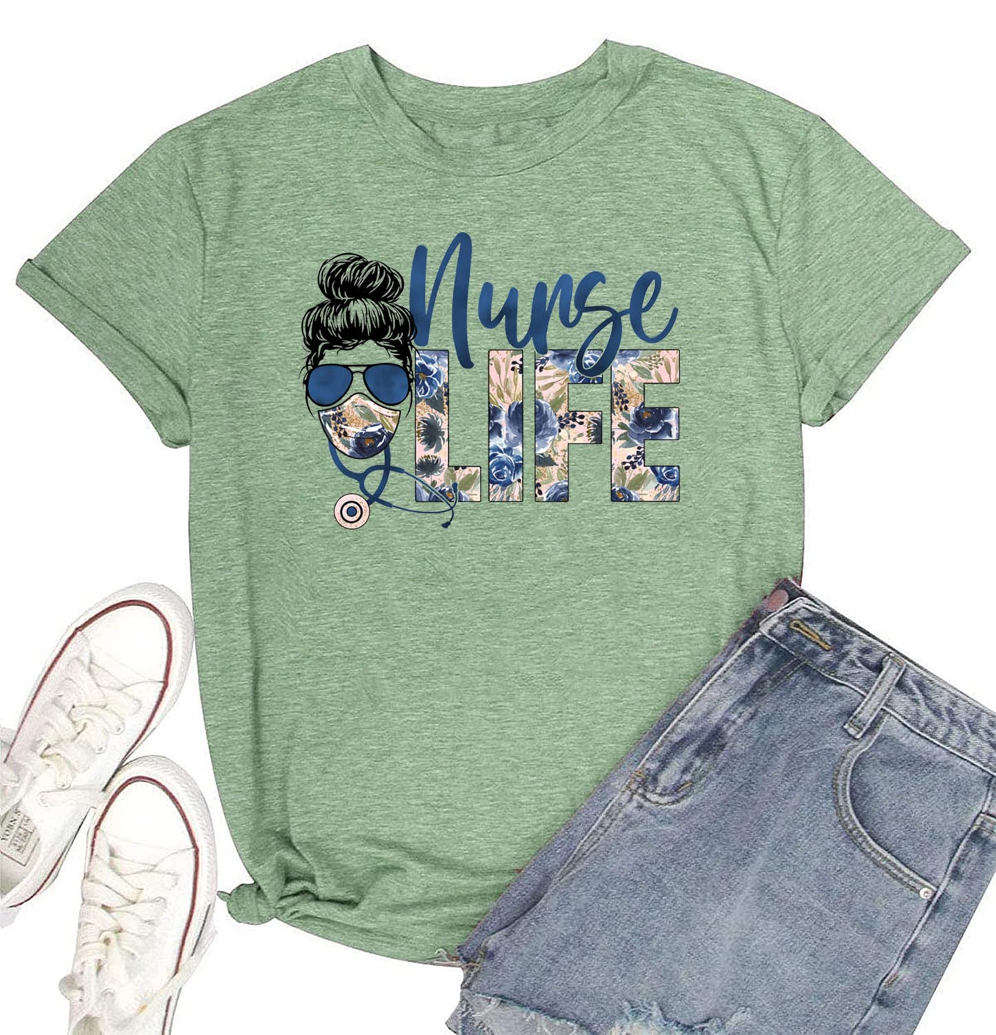 TSIIUOTSIIUO Women's Nurse T-Shirt Funny Nurse Life Floral Graphic Prints Short Sleeve Tees Casual Tops