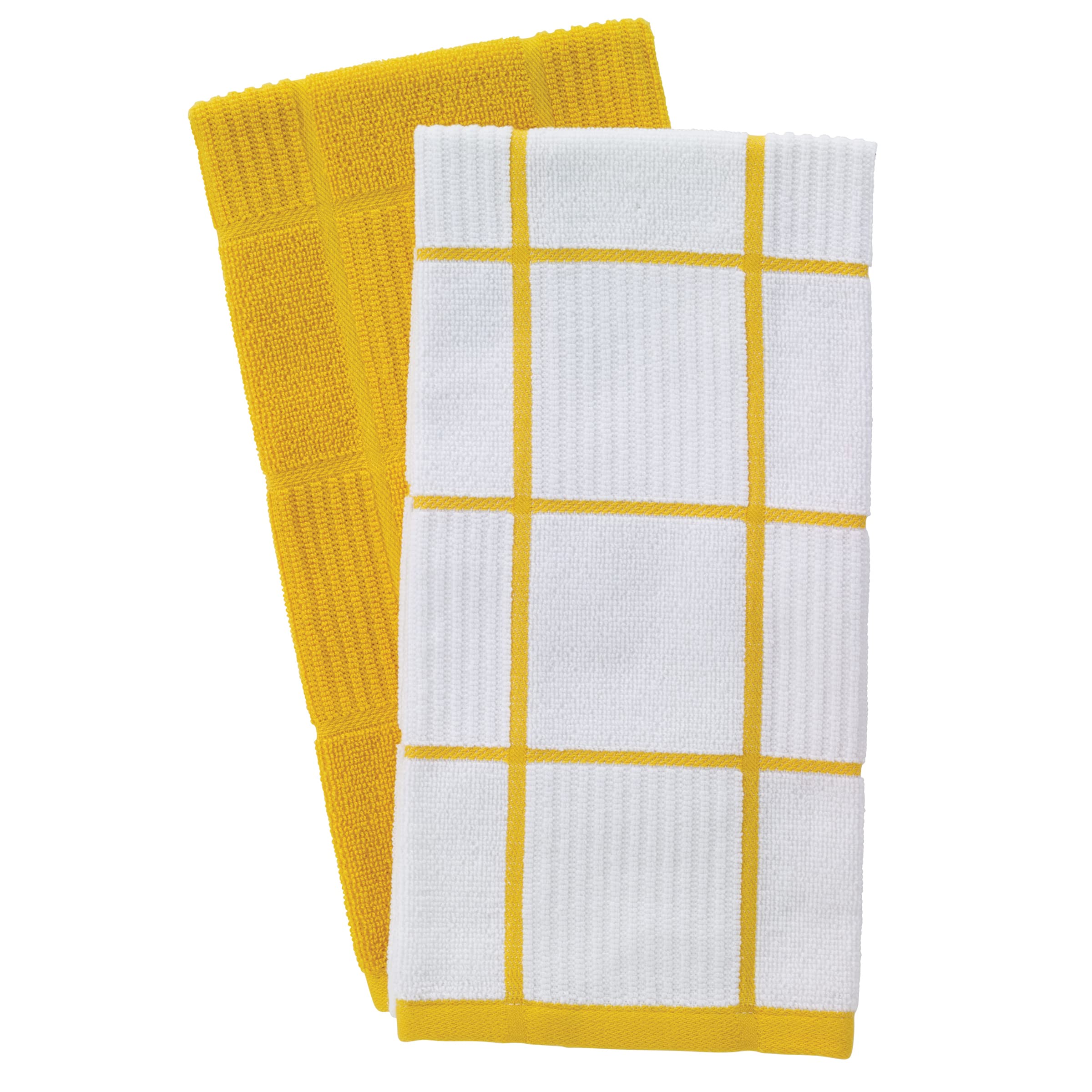 T-Fal Textiles 2-Pack Solid & Check Parquet Design 100-Percent Cotton Kitchen Dish Towel, Lemon, Solid/Check-2 Pack - Image 2