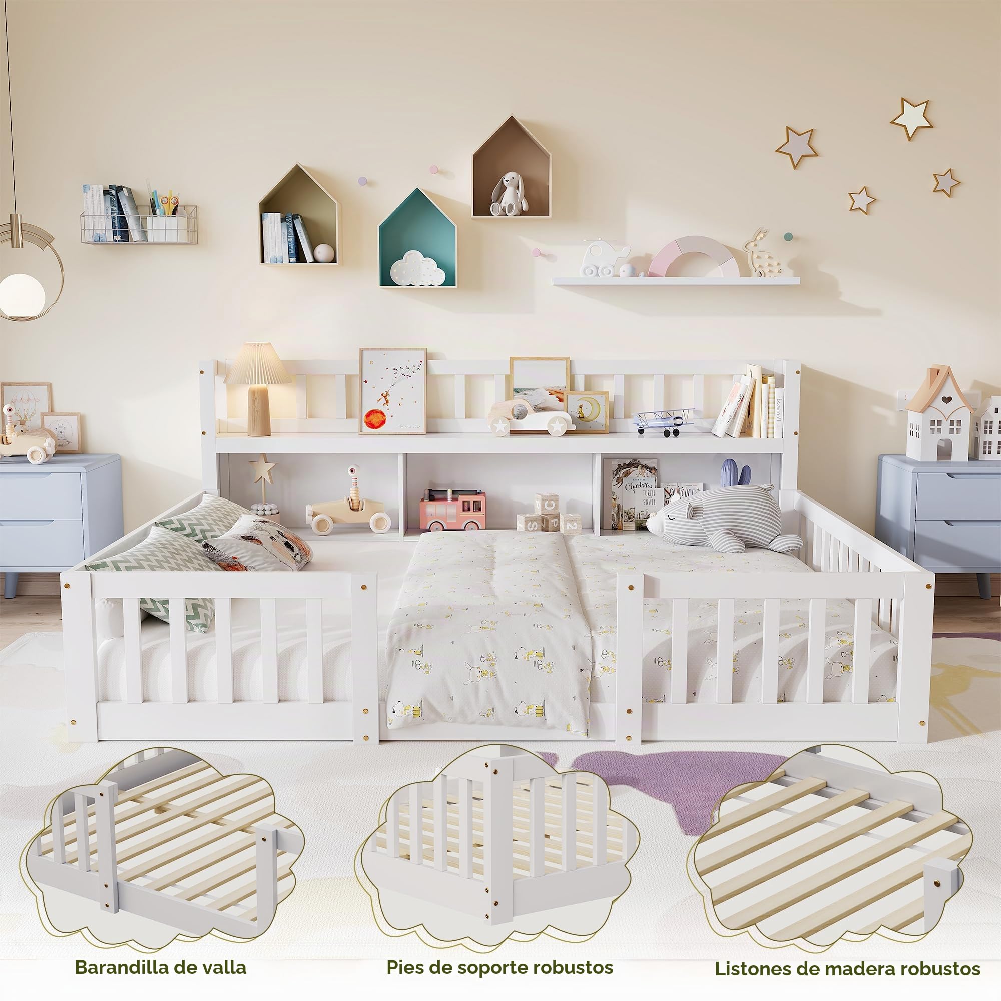 Cama en el suelo Montessori para niños, 140 x 200 cm, cama de suelo de madera con biblioteca integrada y guardabarros, cama infantil en el suelo con somier de láminas, blanco (sin colchón)