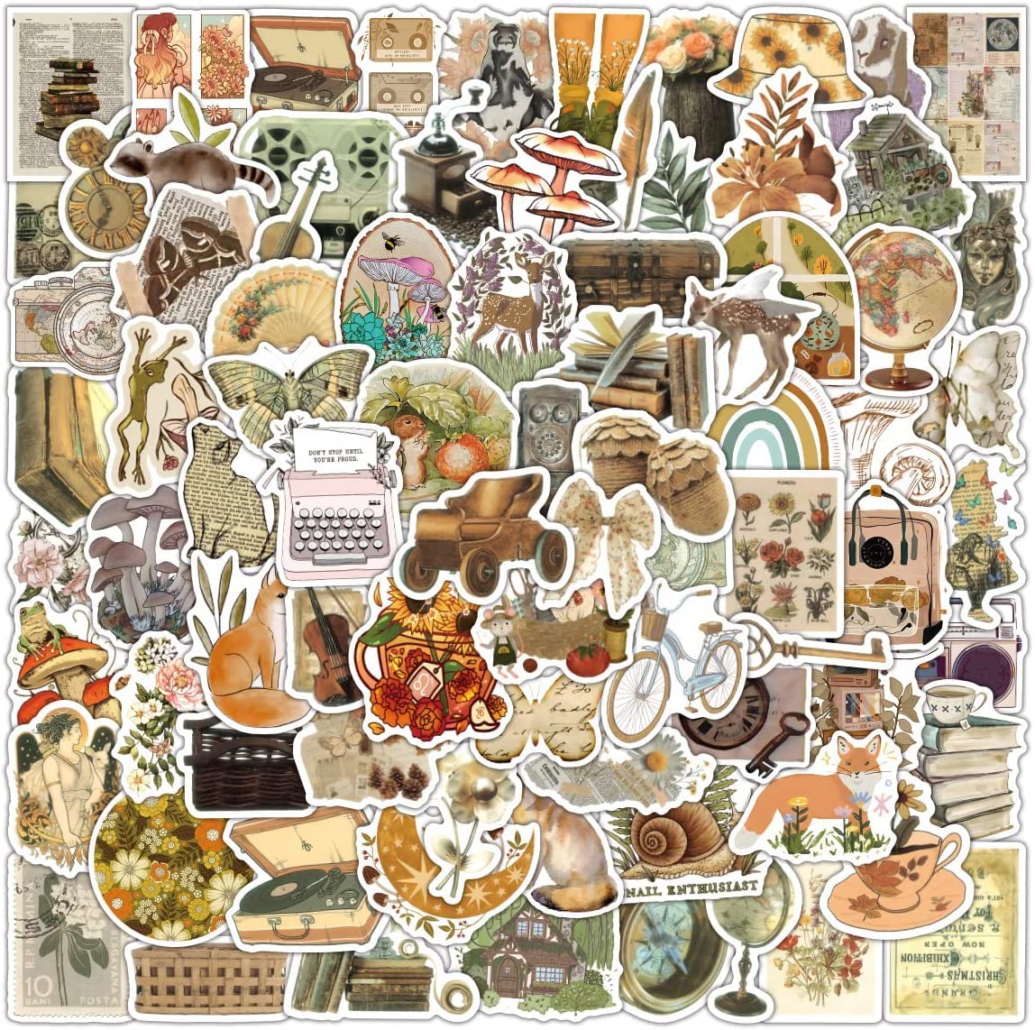 Focri Vintage-100 100Psc Vintage Stickers, Cute Cottagecore Scrapbooking Stickers, Aesthetic Retro Journaling Supplies Kit For Adults Teens, Waterproof Vinyl Decals For Planner Junk Journal Paper Water Bottle Laptop