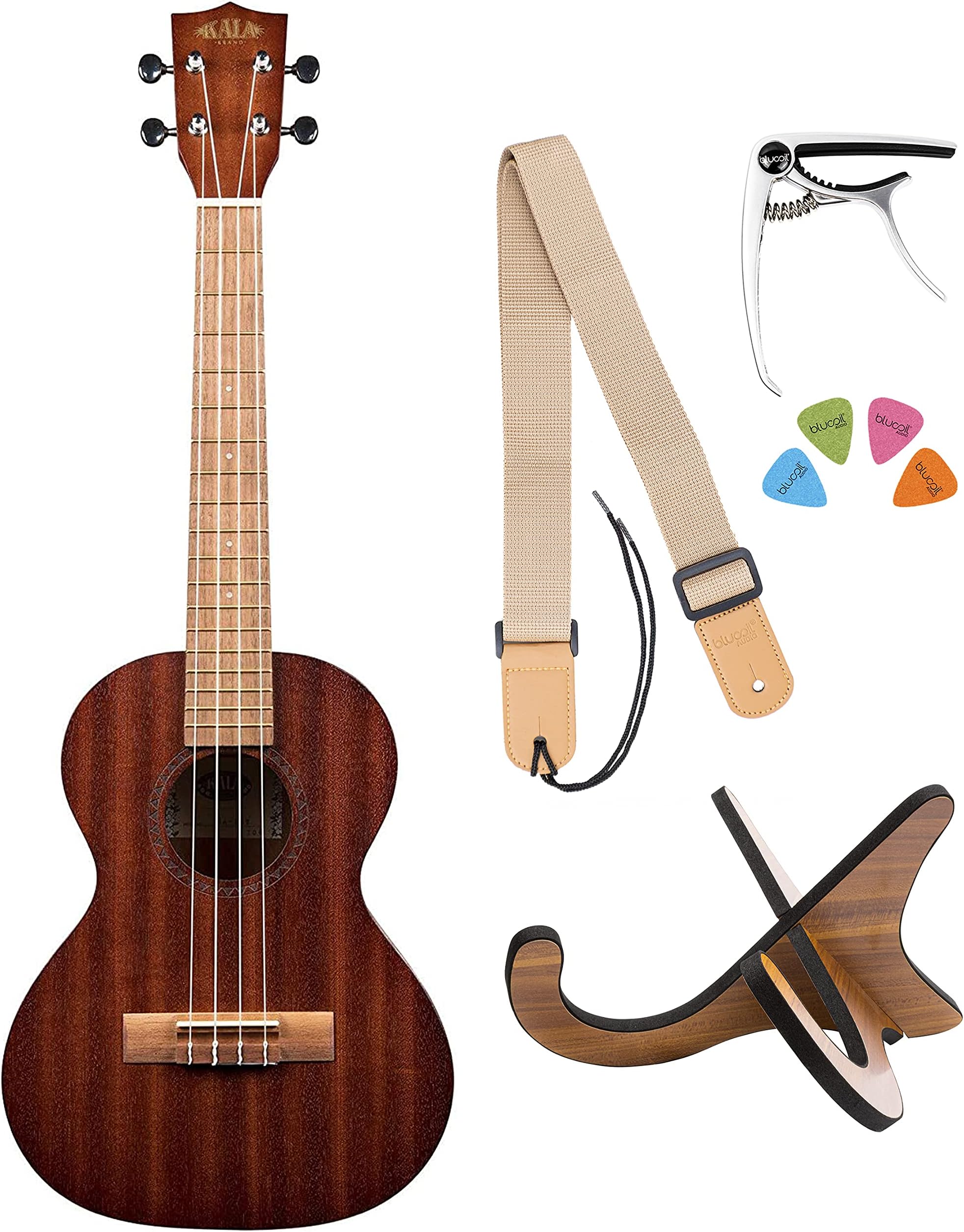 Kala KA-15T Satin Mahogany Tenor Ukulele with Rosewood Fretwood, Aquila Super Nylgut Strings, and Downloadable Kala App Bundle with Blucoil Ukulele Accessories Kit