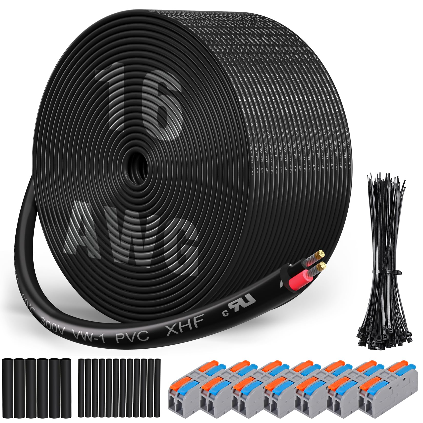XHF Cable eléctrico de calibre 16 con certificación UL, 2 conductores, cable eléctrico de cobre estañado trenzado de PVC para cable de lámpara automotriz 16/2, cable marino RV de 200 pies
