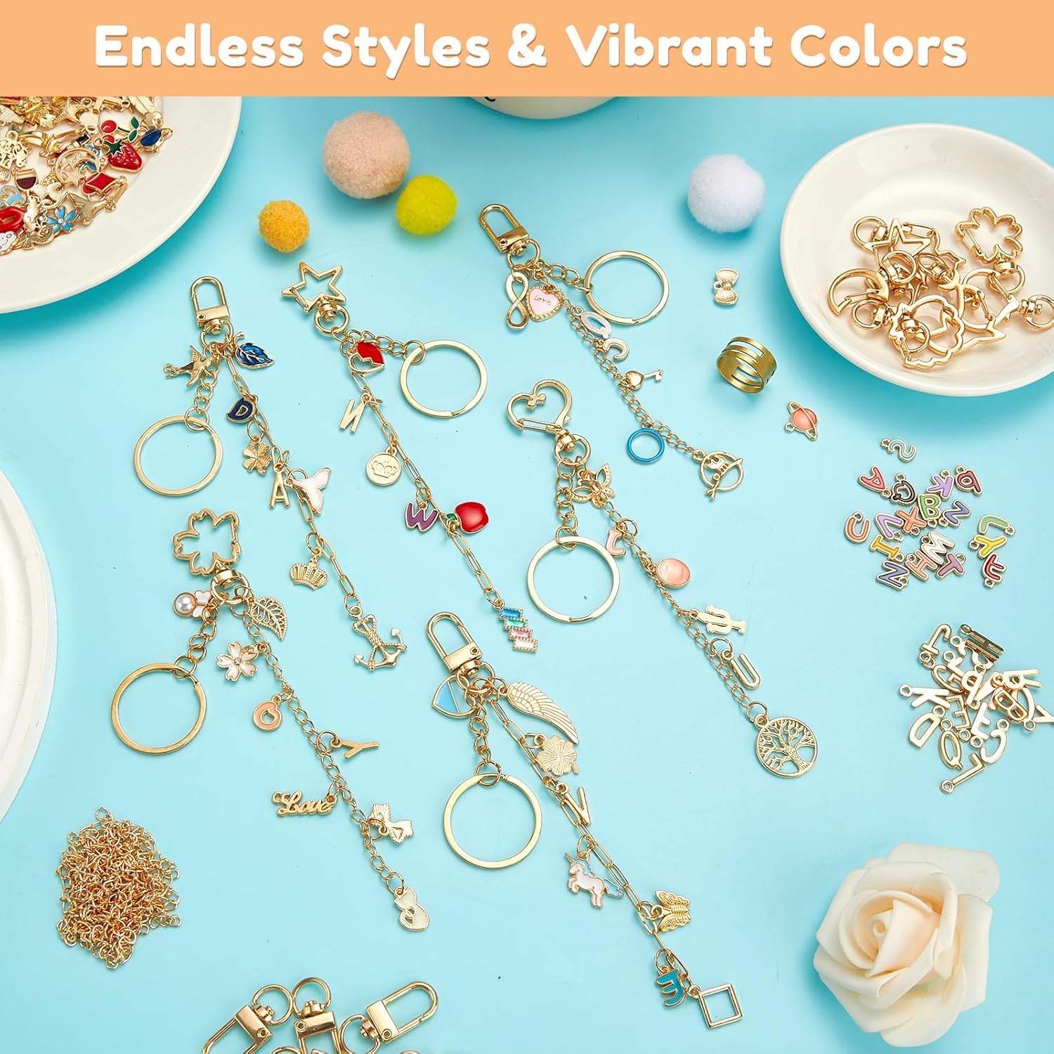 534Pcs DIY Keychain Making Kit with 228 Charms, Including 24 Keychain Clips Hooks 30 Extender Chain 200 Jump Ring Jewelry Plier Jewelry Making Supplies for Custom Key Ring Set Christmas Crafts Gifts