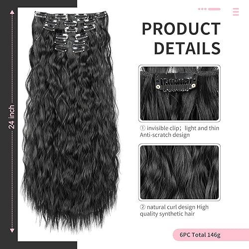 Miniatura 2 de Flufymooz Extensiones de cabello con pinzas, extensiones de cabello sintético ondulado con clip, 6 unidades, para mujer, 24 pulgadas (negro natural)