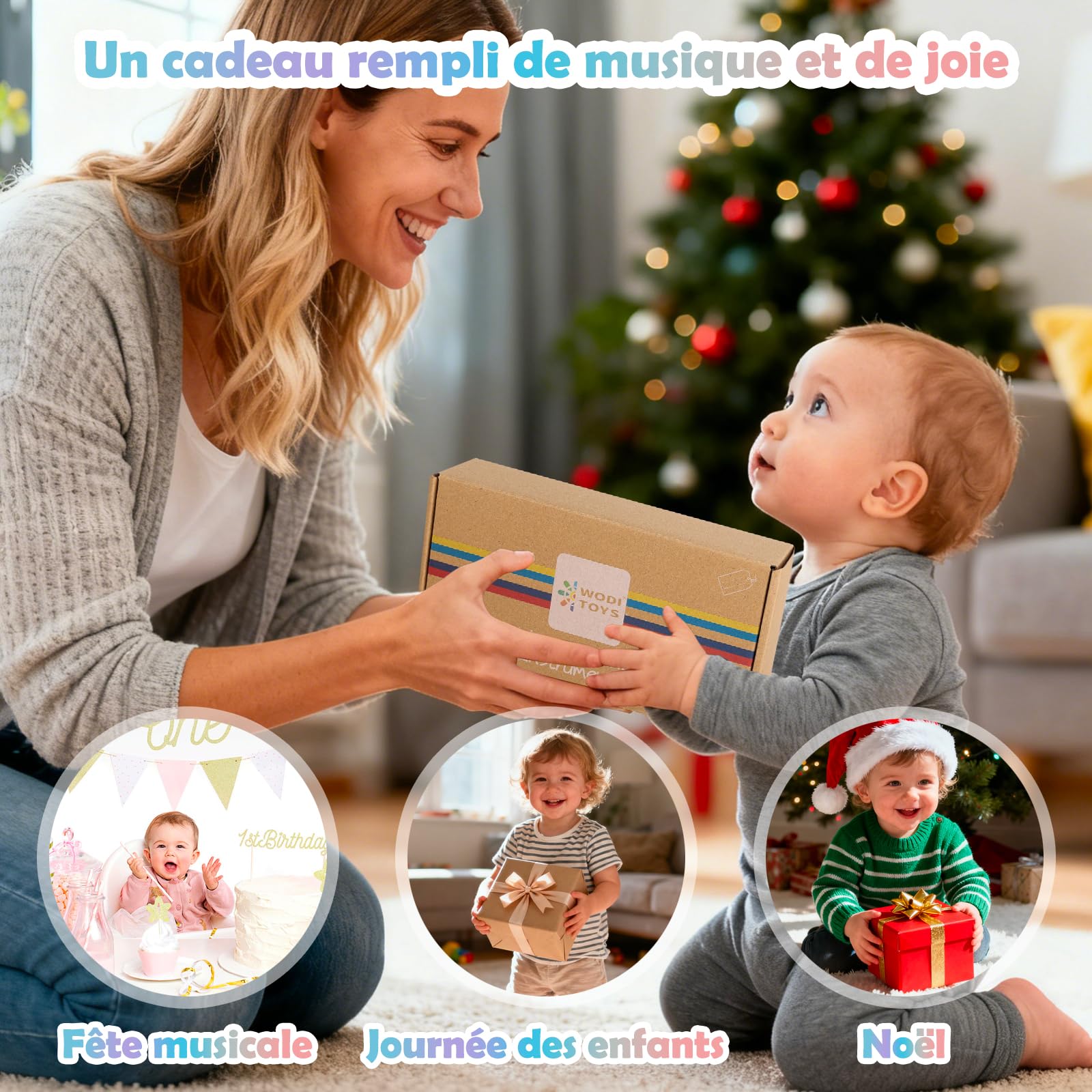 Jouets Bébé Montessori en Bois 7-en-1, Set Sensoriel en Bois Naturel pour Bébés de 0 à 12 Mois, Favorisant la Motricité, l’Éveil Musical et la Découverte Précoce, avec Sac de Rangement