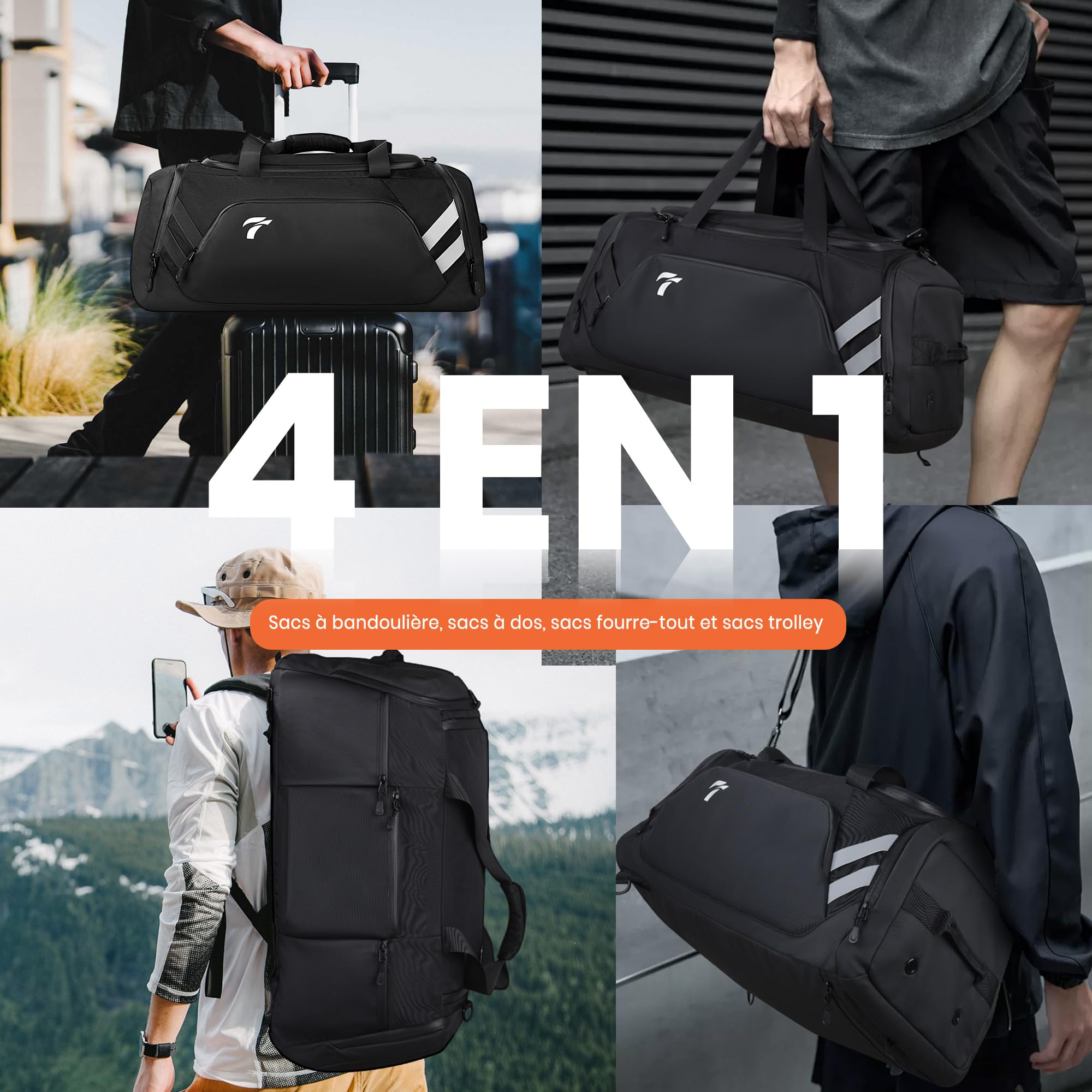Sac de Sport Homme Femme, 58L Sac de Voyage Deux Bretelles Dissimulables | Sac de Sport avec Compartiments Chaussures et Humide, Sac Sport étanche pour Voyage, Natation, Yoga, Randonnée,Camping