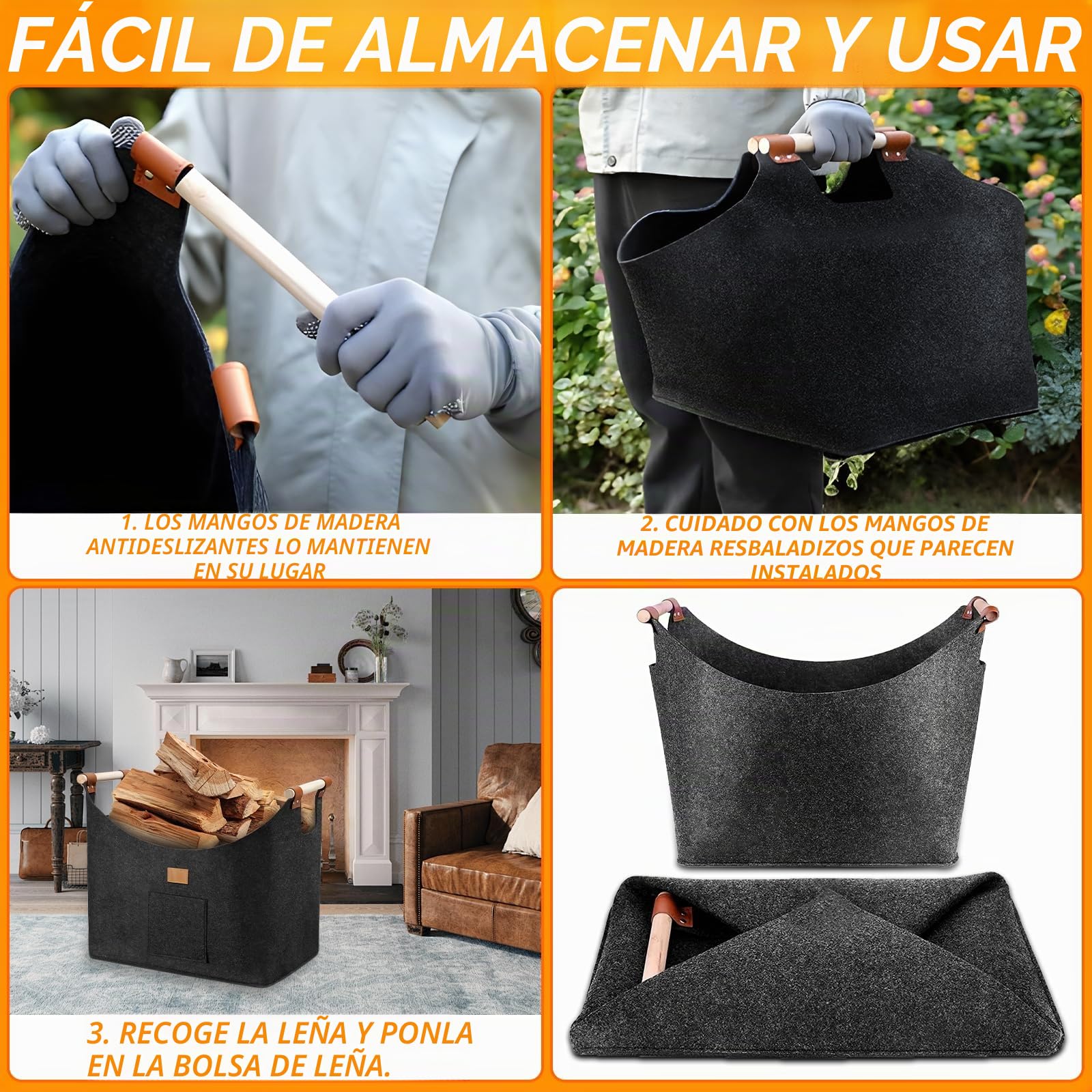 96LCesta para Leña de Chimenea, Cesta de Leña, Plegable Bolsa de Fieltro para Leñas, Cestas para Leñas con Asas, 60x40x40 Cestas Leñas, Cestass de Fieltro para Leñas de Chimenea, Gris Oscuro