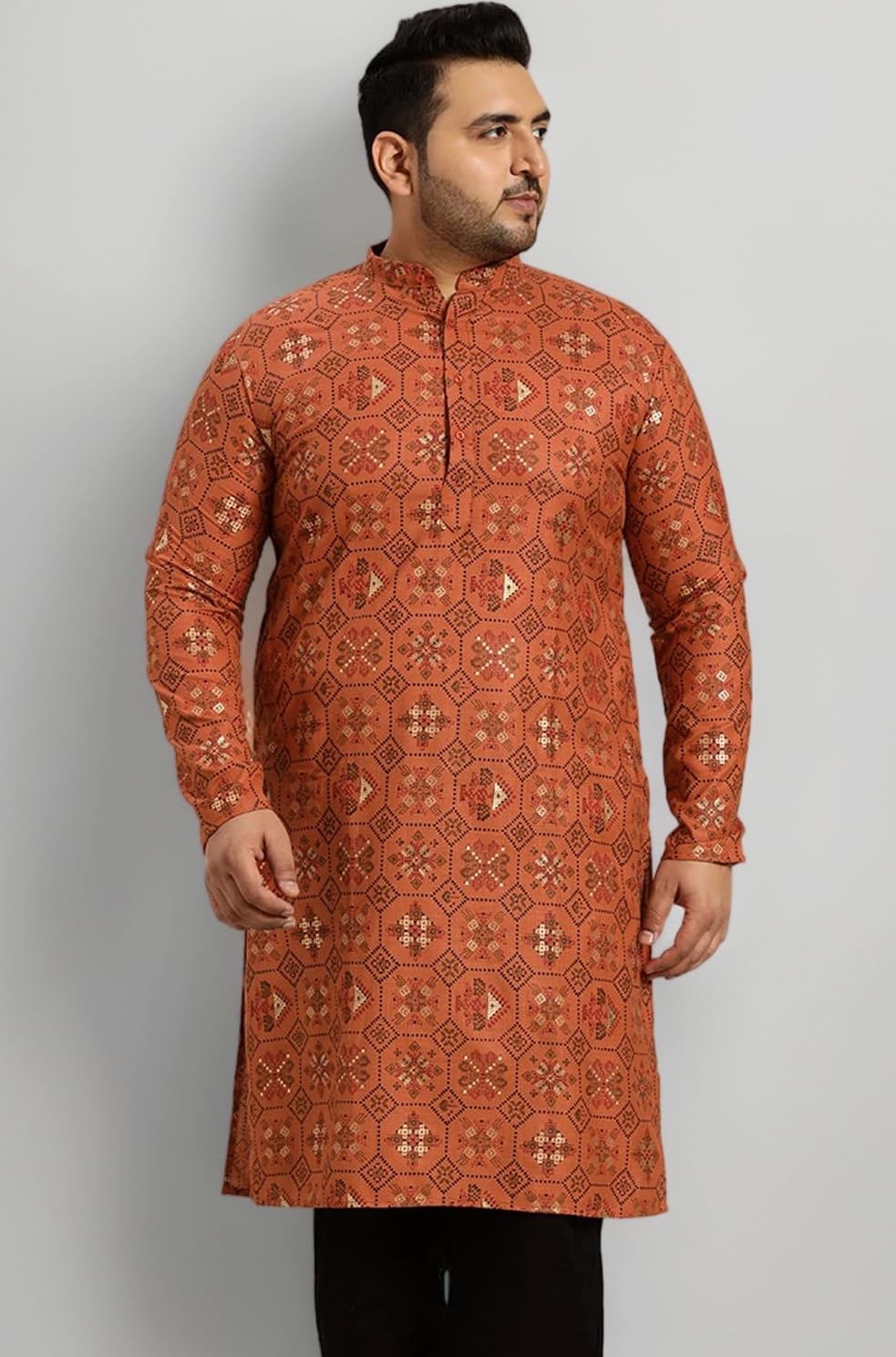 SOJANYA Plus (Since 1958) Men’s Cotton Linen Long Kurta | Ethnic Motif Printed for Navratri, Garba & Puja