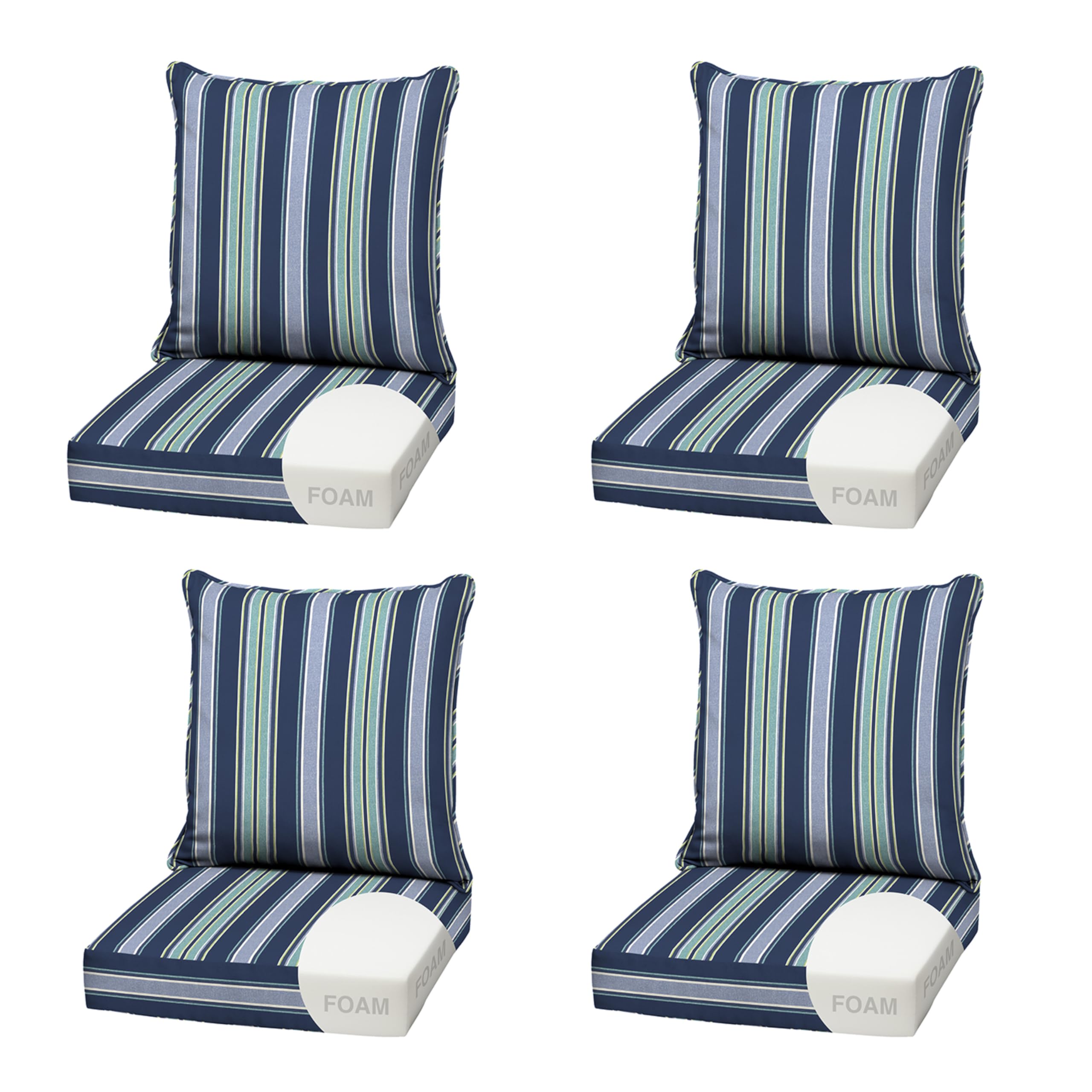 Arden Outdoor Deep Seat Cushion Set, Foam, 4-Pack, 22x24, Blue Stripe