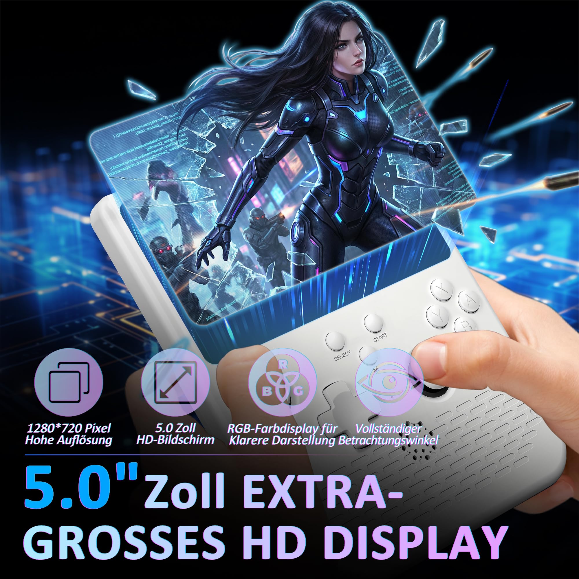 H5 Retro Handheld Spielkonsole, 256 G über 40.000 Spiele, 5-Zoll-IPS Retro Konsole, Linux-System, 4000-mAh-Akku, Unterstützt 34 Emulatoren,Tragbare Mini-Arcade(weiß)