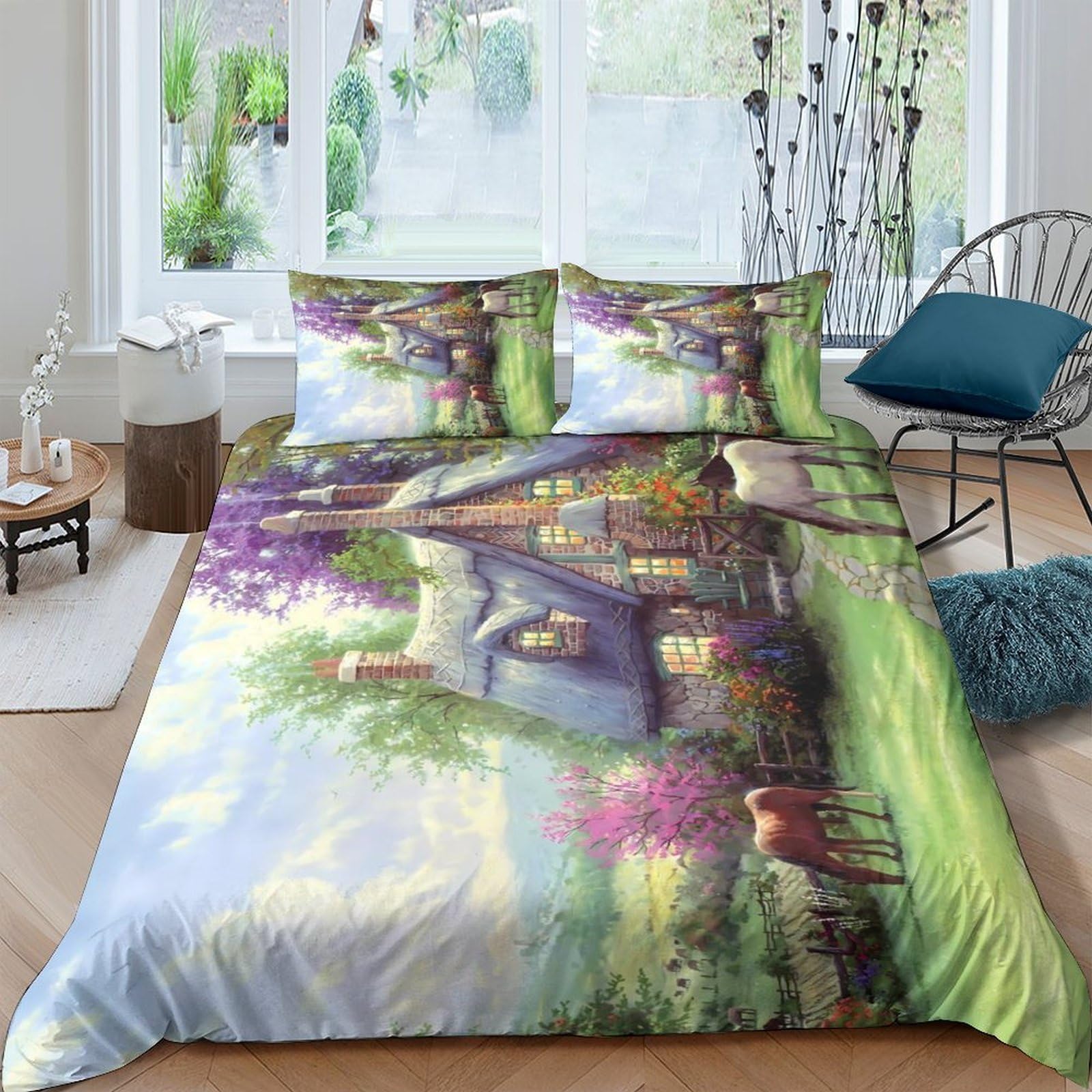Ctjqhvkz Style-6 3D Printed Cottage Forest Fitted Sheet Microfiber Soft Pastoral Landscape Bed Cover For Bedroom Guest Room Decor Single（135X200cm）