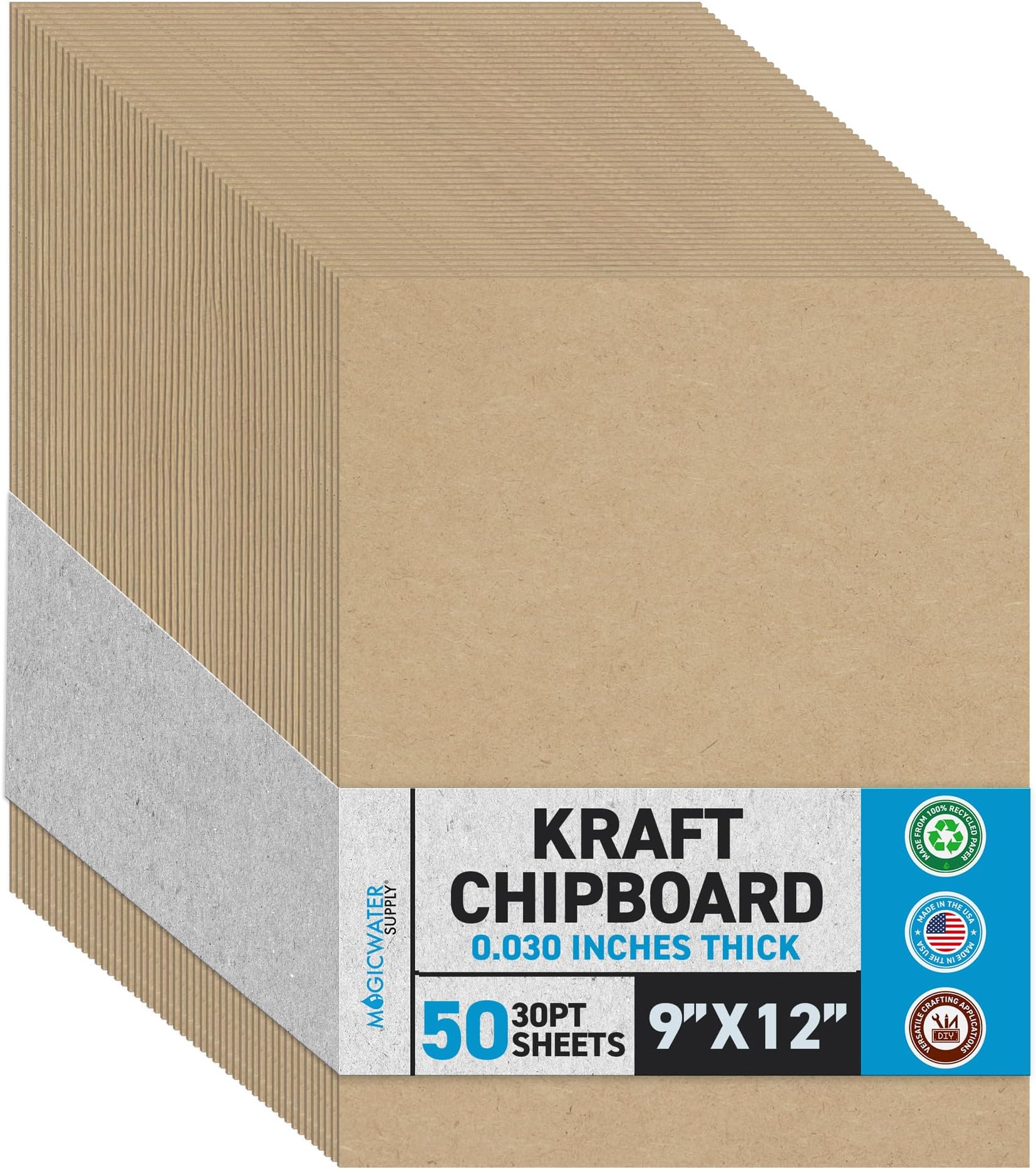MagicWater Chipboard Sheet for DIY Projects - 9x12 Inch - 50 Pack - 30 pt - Heavy Duty Kraft (0.030 Inch Thick) Paperboard, For Scrapbooking, Books, Picture Frame Backing, Arts Project & Crafts