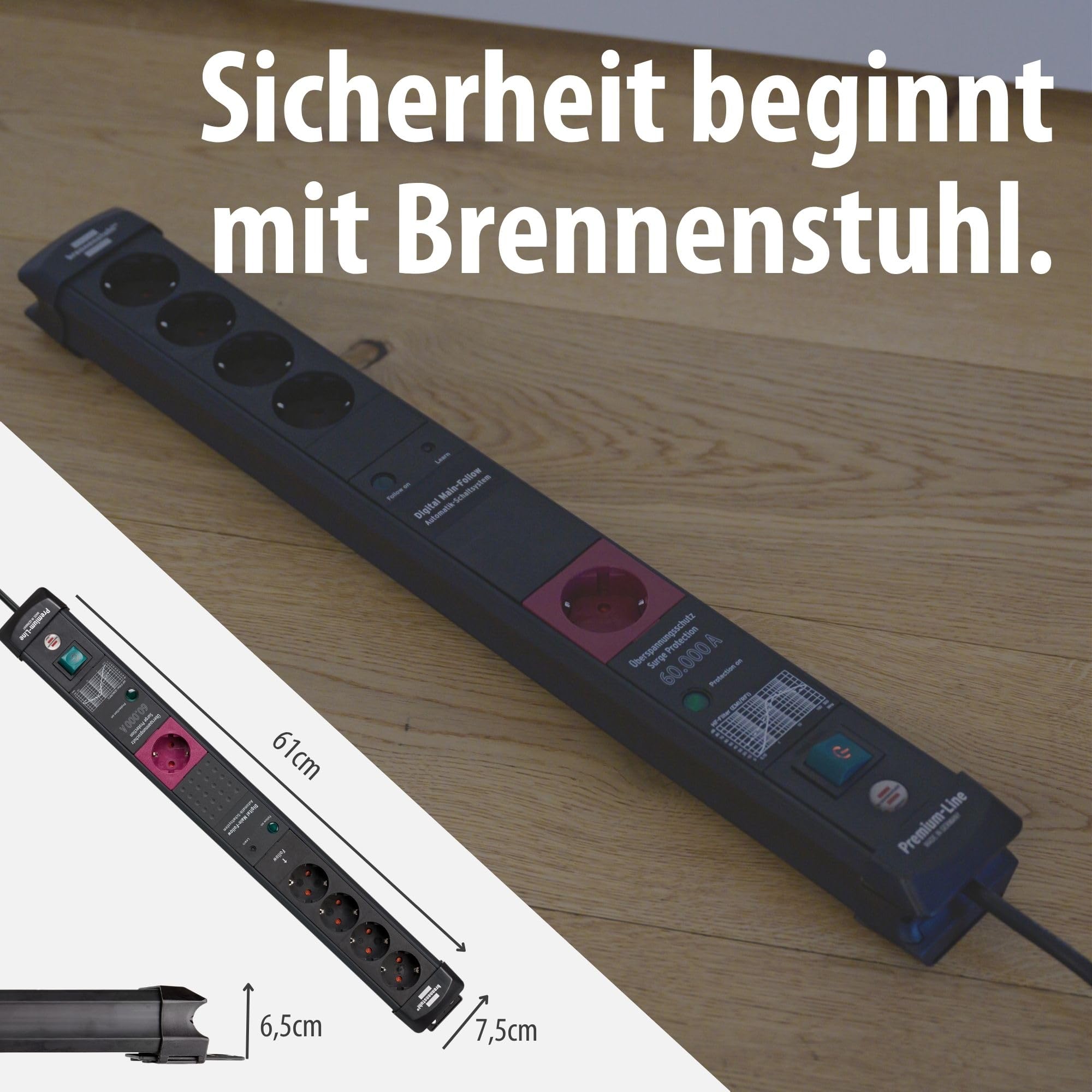 Brennenstuhl Premium-Line Steckdosenleiste 5-Fach mit Überspannungsschutz und Main-Follow Funktion (Mehrfachsteckdose mit Schalter und 3m Kabel, Steckdosenleiste Wandmontage, Made in Germany) schwarz