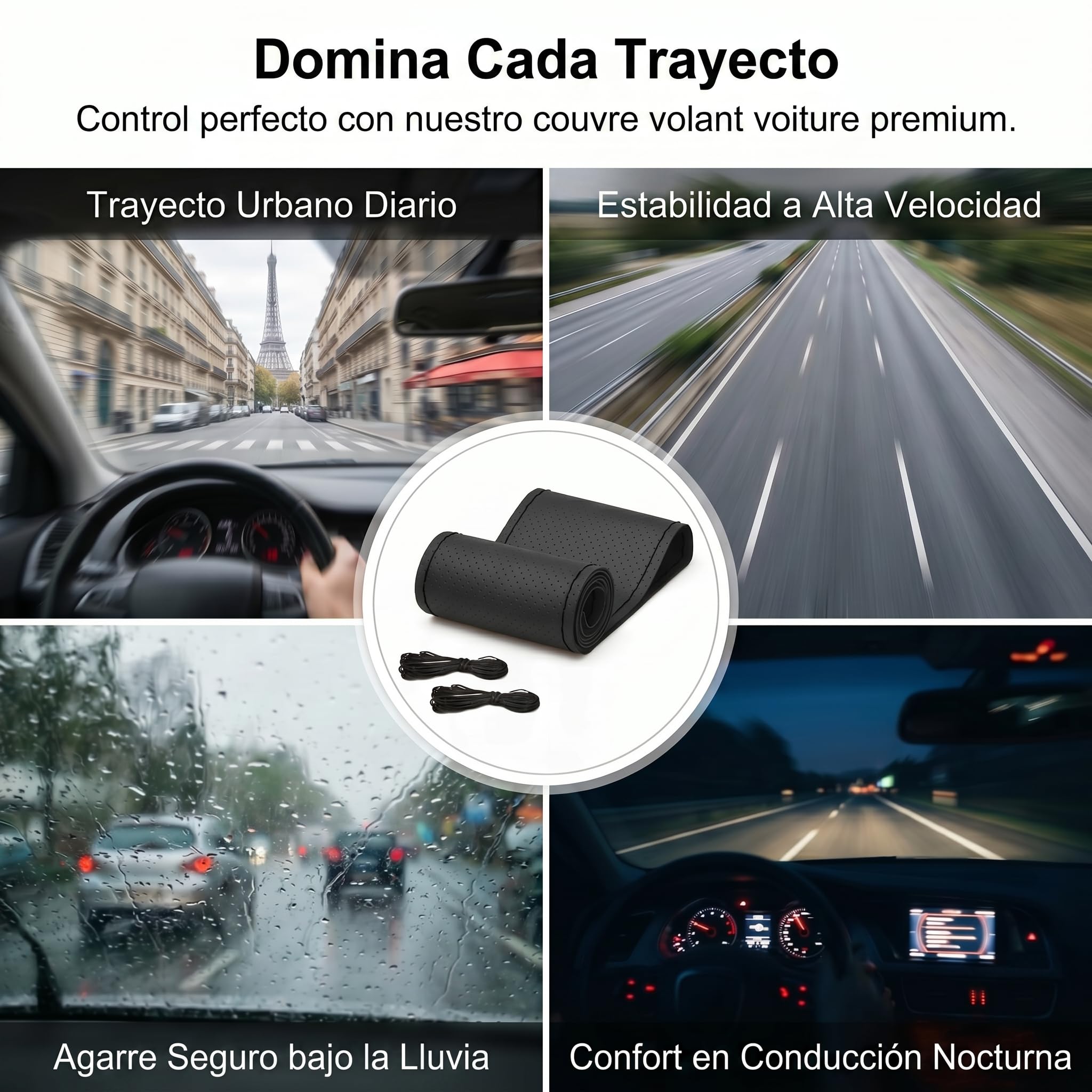 Funda Volante Coche Universal 38cm Cuero Antideslizante Negra | Transpirable, Con Agujas e Hilo para Coser, Accesorios Interior, Protector Volante
