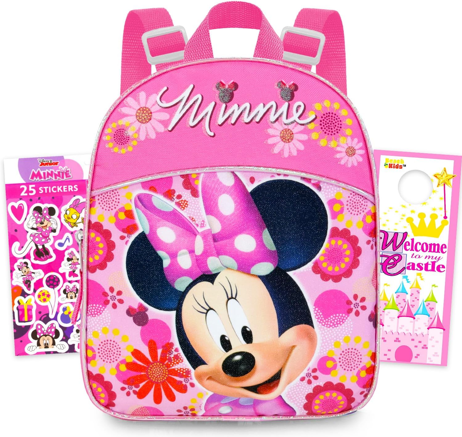 Minnie Mouse Mini Backpack for Girls Kids Toddlers - 11" Iconic Woven Small Backpack Bundle with Button | Preschool Daycare Kindergarten